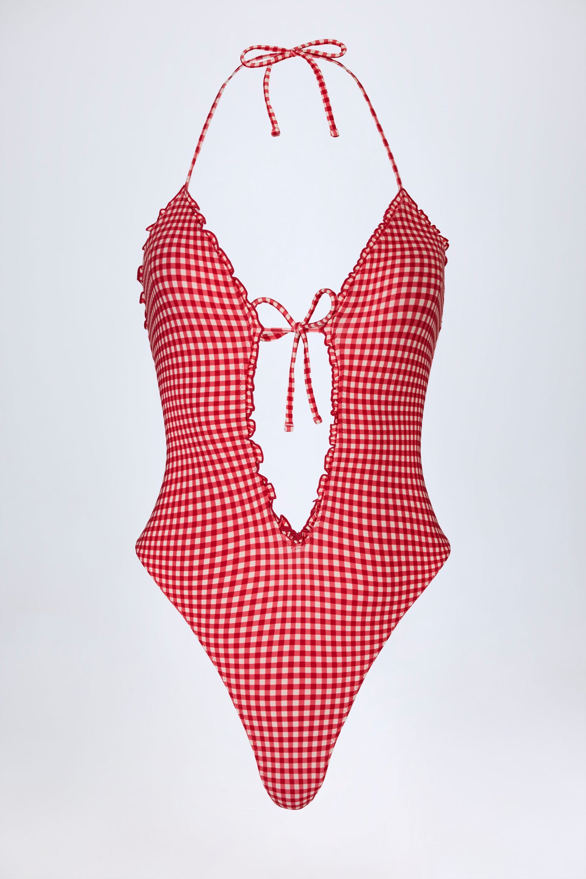⁣⁢Geraffter Cut-Out-Badeanzug mit Neckholder in rotem Vichy-Karo⁤⁣