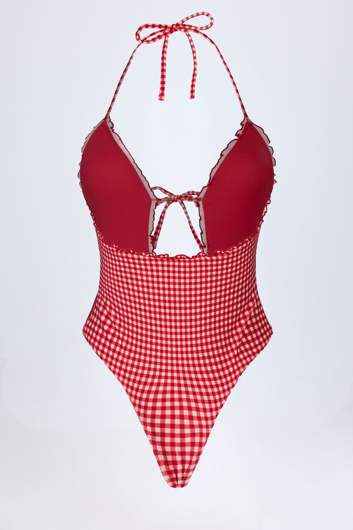 ⁣⁢Geraffter Cut-Out-Badeanzug mit Neckholder in rotem Vichy-Karo⁤⁣