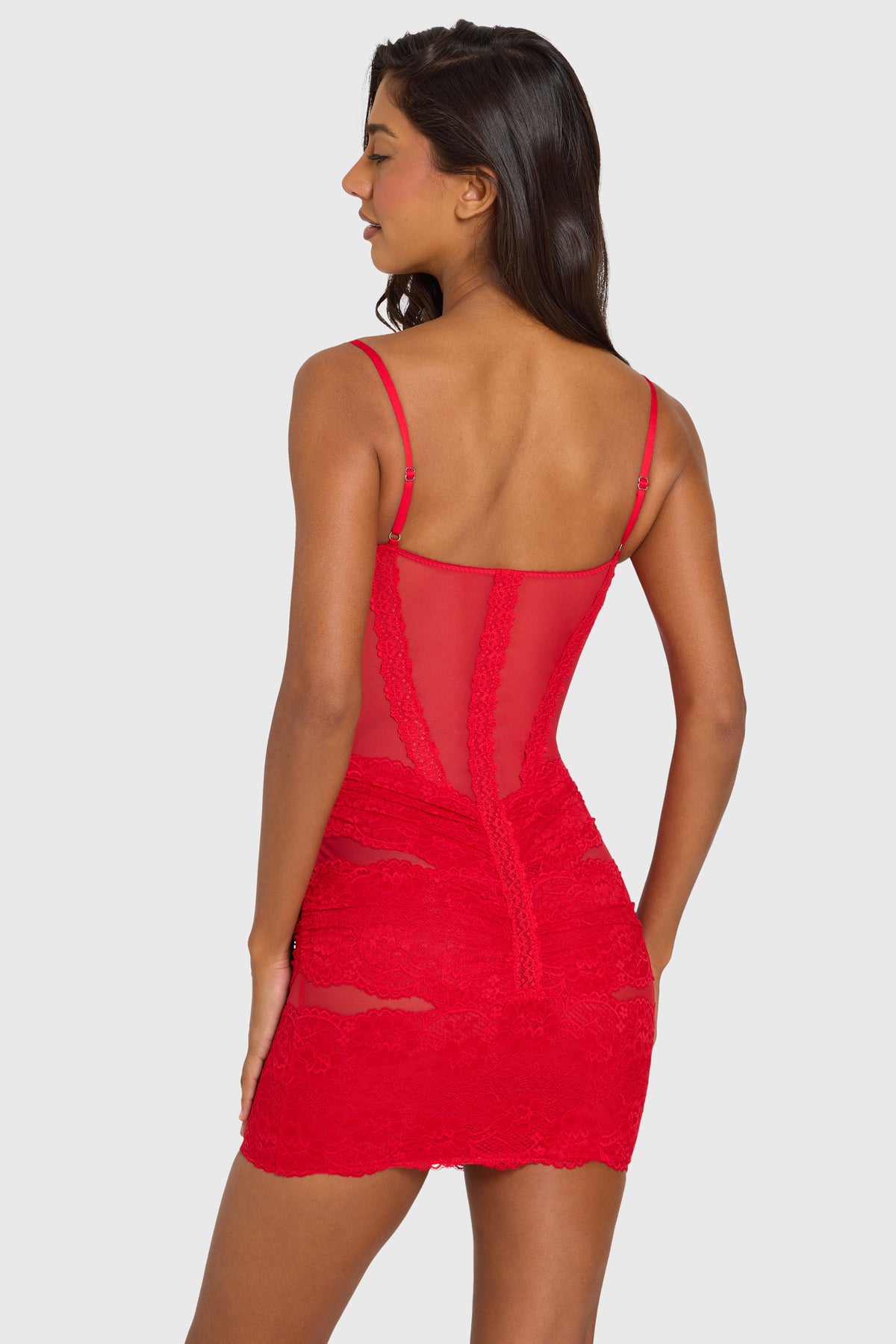 ⁣⁢Minikleid mit platziertem Spitzenbesatz in Kirschrot⁤⁣ - 2