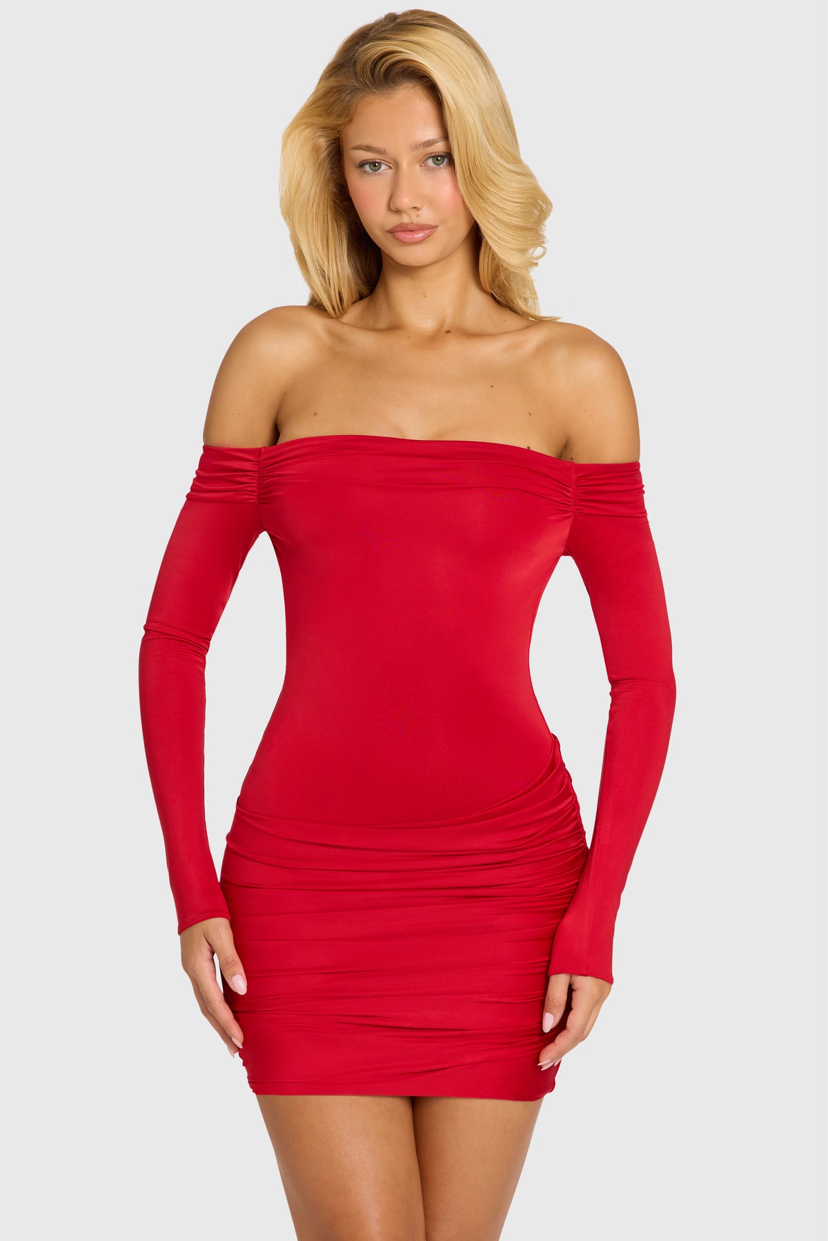 ⁣⁢Langärmliges Off-Shoulder-Minikleid in Kirschrot⁤⁣ - 1