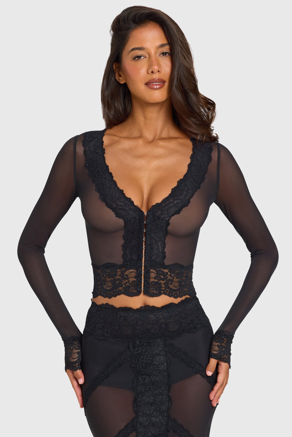 ⁣⁢Gekräuselter Spitzenbesatz Cardigan in Schwarz⁤⁣ - 1