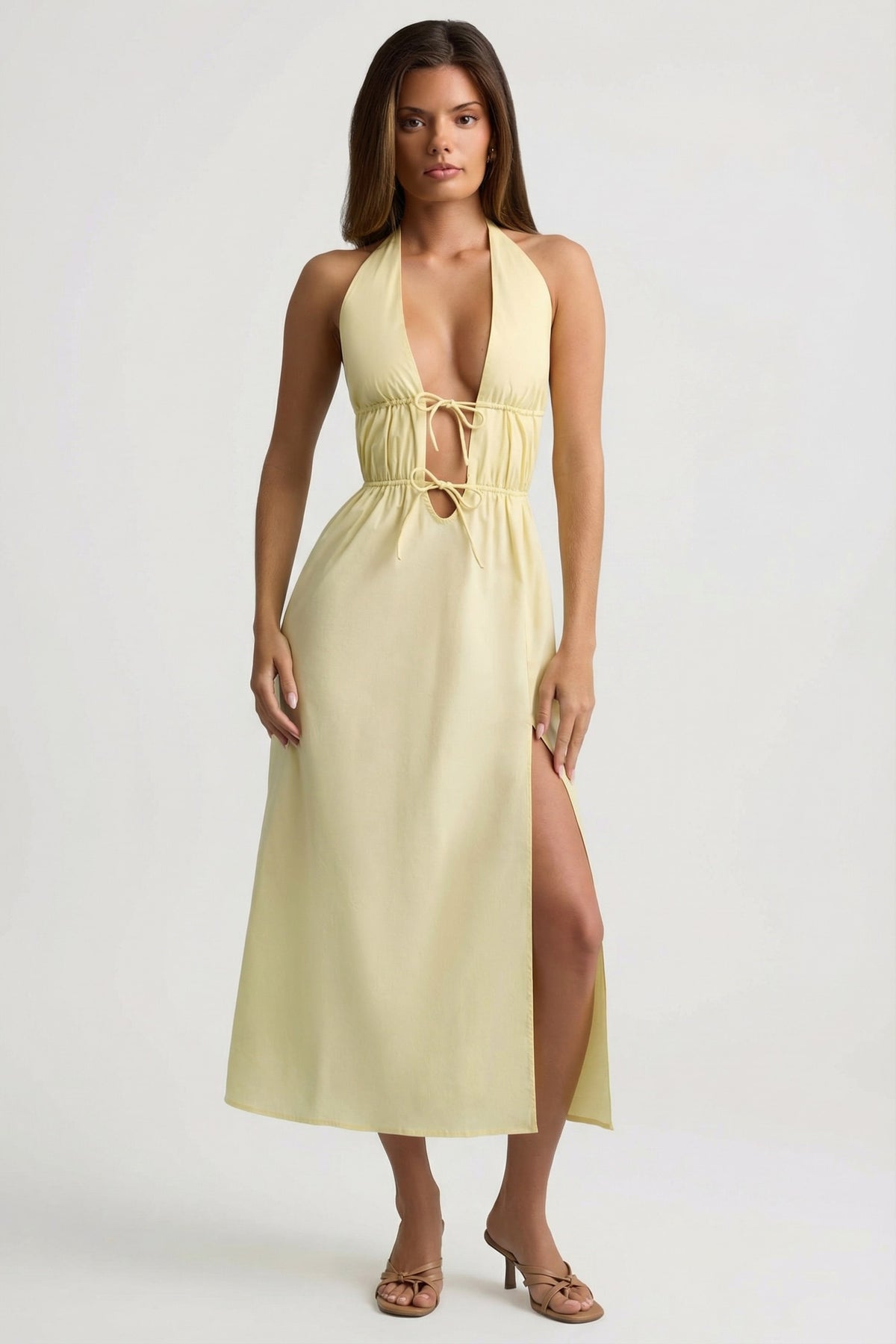 ⁣⁢Rückenfreies Midaxi-Kleid aus Baumwollpopeline in Zitronengelb⁤⁣
