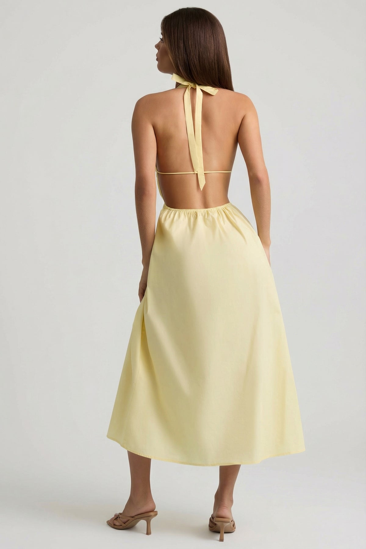 ⁣⁢Rückenfreies Midaxi-Kleid aus Baumwollpopeline in Zitronengelb⁤⁣