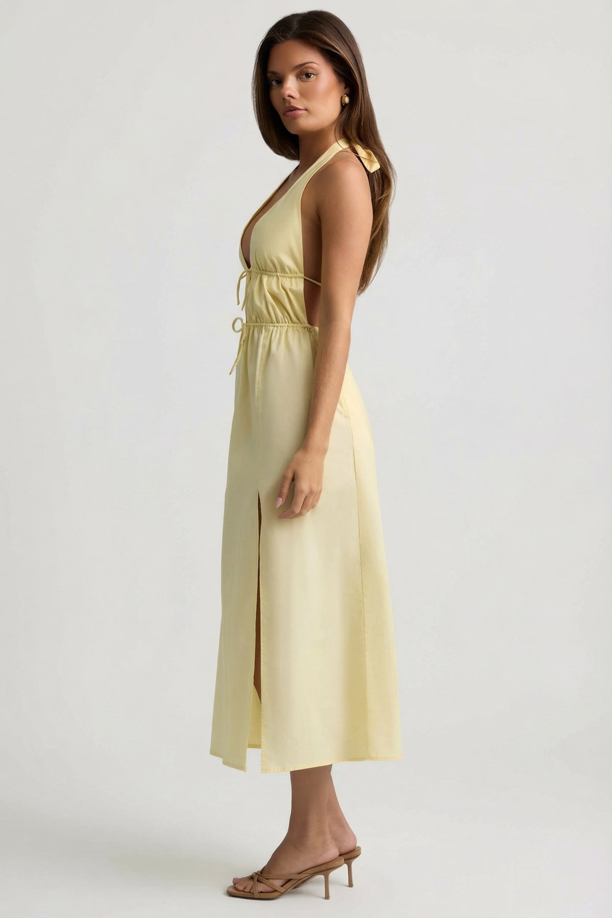 ⁣⁢Rückenfreies Midaxi-Kleid aus Baumwollpopeline in Zitronengelb⁤⁣