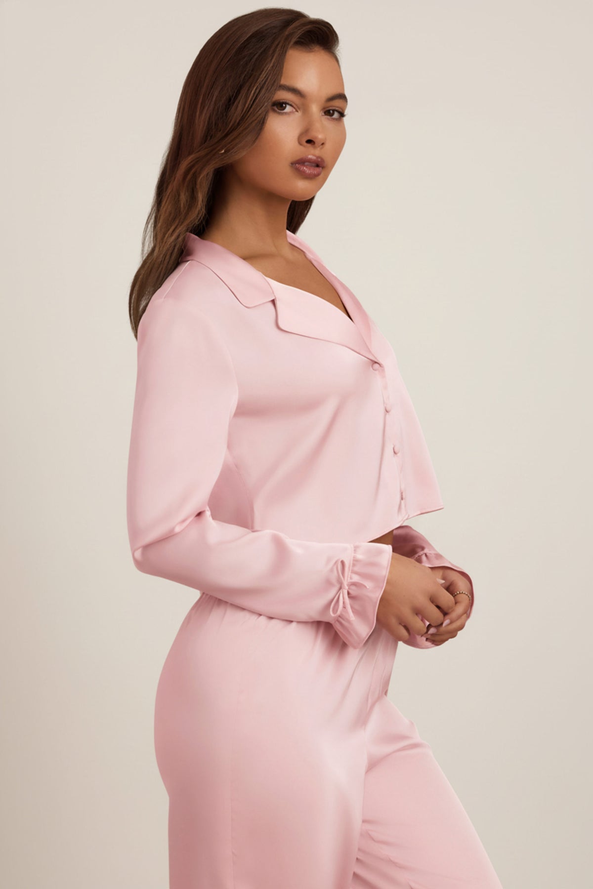 ⁣⁢Cropped-Pyjama-Oberteil mit Rüschenbesatz in Babyrosa⁤⁣