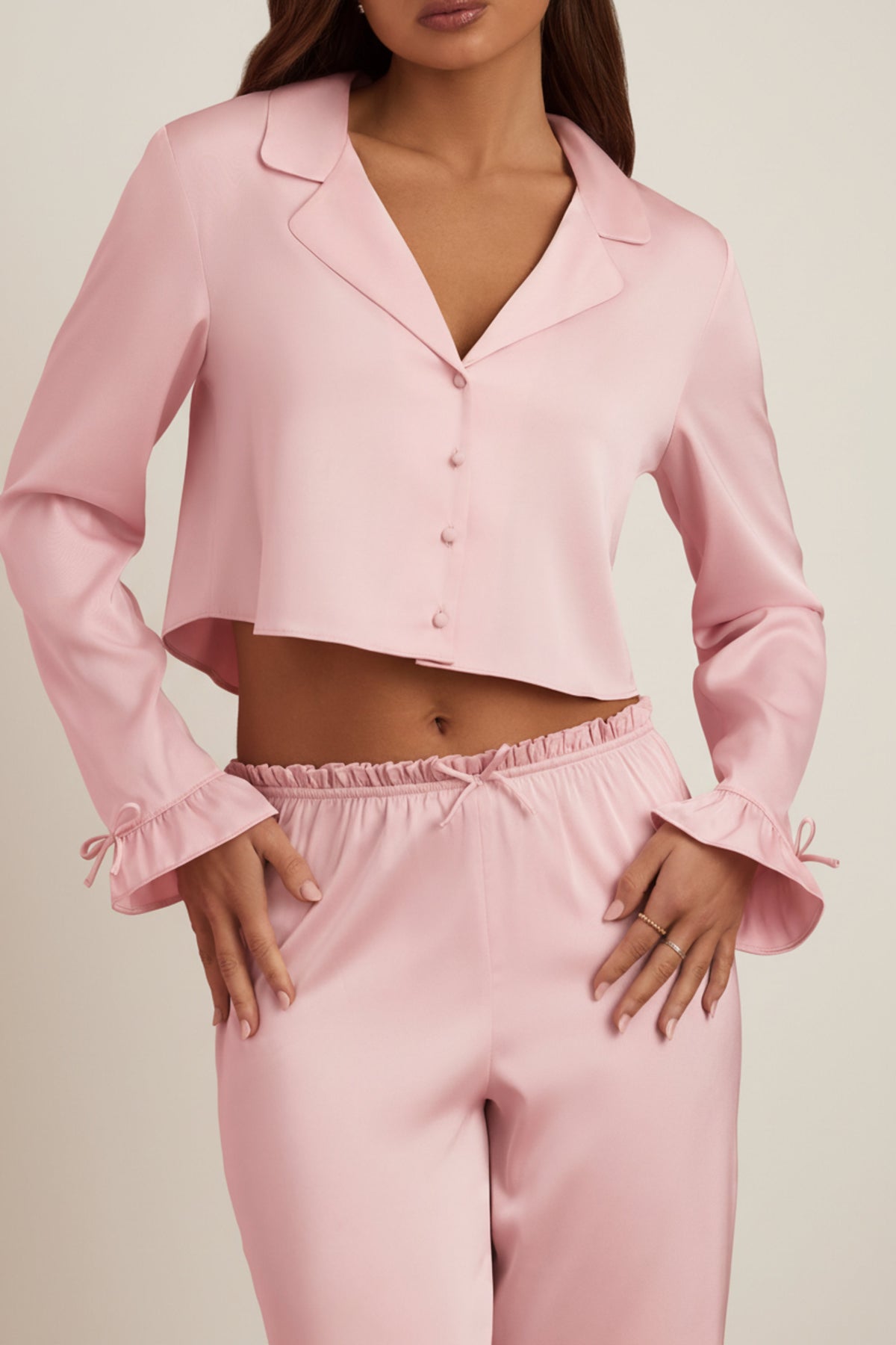 ⁣⁢Cropped-Pyjama-Oberteil mit Rüschenbesatz in Babyrosa⁤⁣