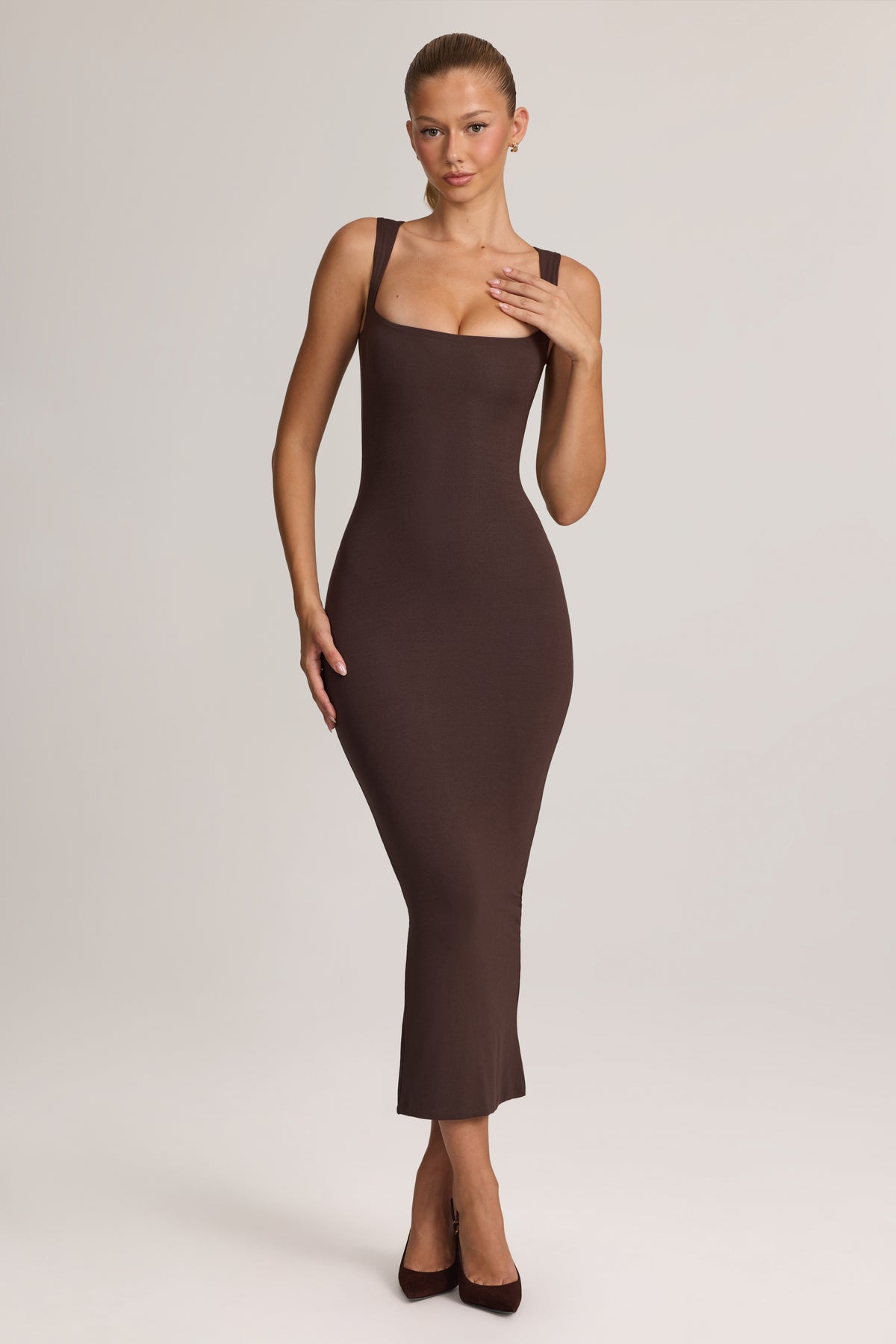 ⁣⁢Modal Bodycon Midikleid in Schokoladenbraun⁤⁣ - 1