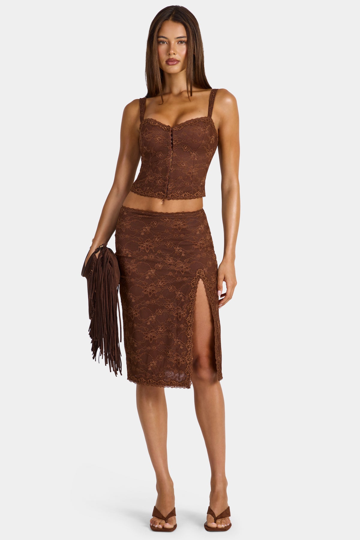 ⁣⁢Spitzen-Midirock mit tiefem Bund in Cocoa Brown⁤⁣ - 1