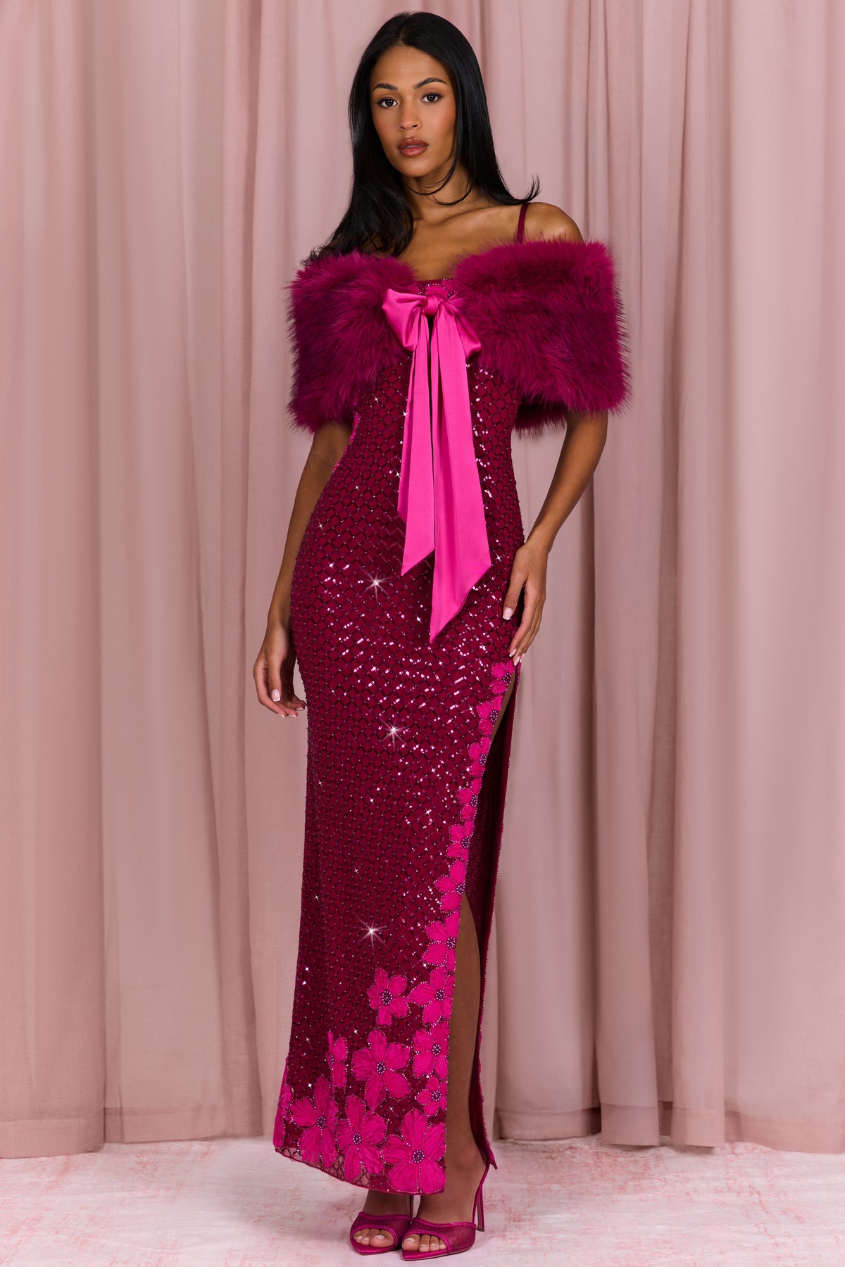 ⁣⁢Pelz-Stola mit Schleifenbindung in Fuchsia Pink⁤⁣