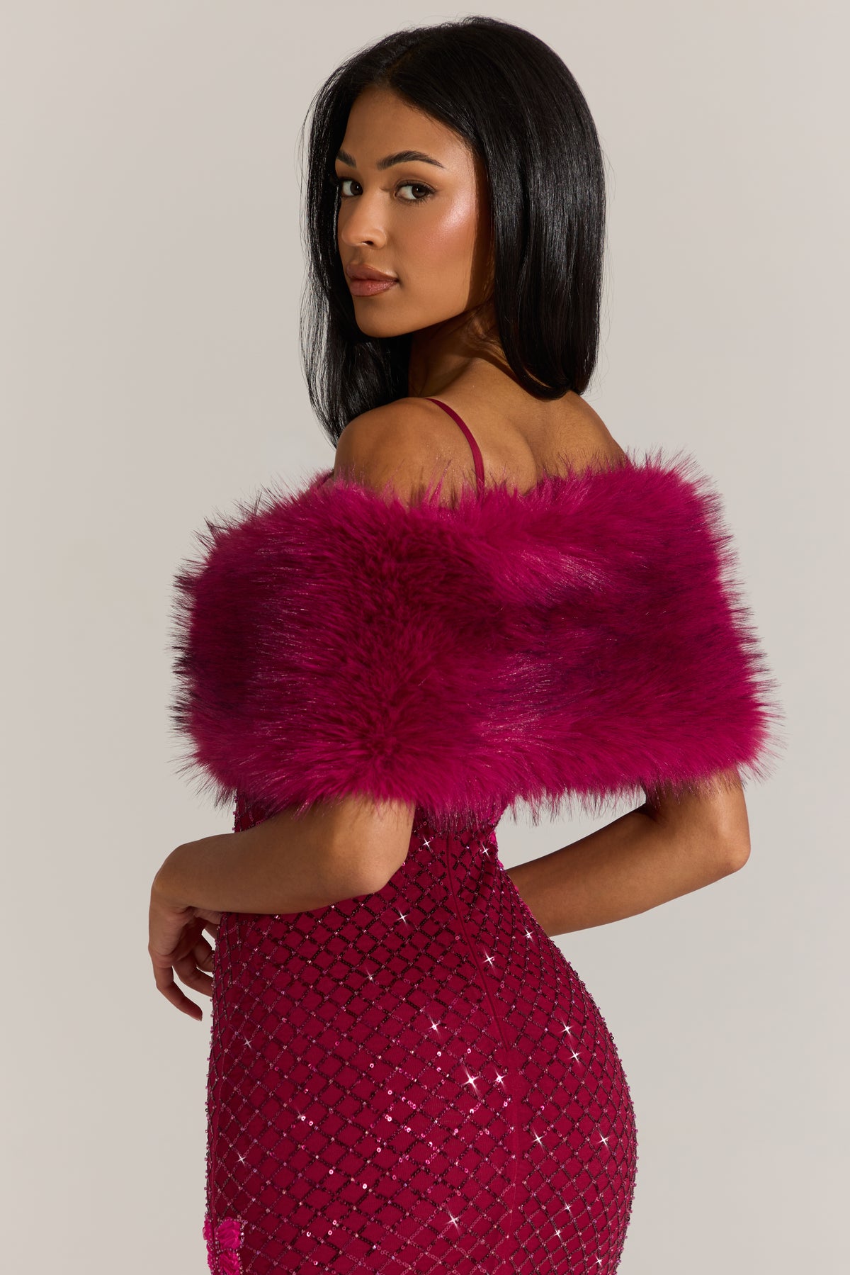 ⁣⁢Pelz-Stola mit Schleifenbindung in Fuchsia Pink⁤⁣ - 2