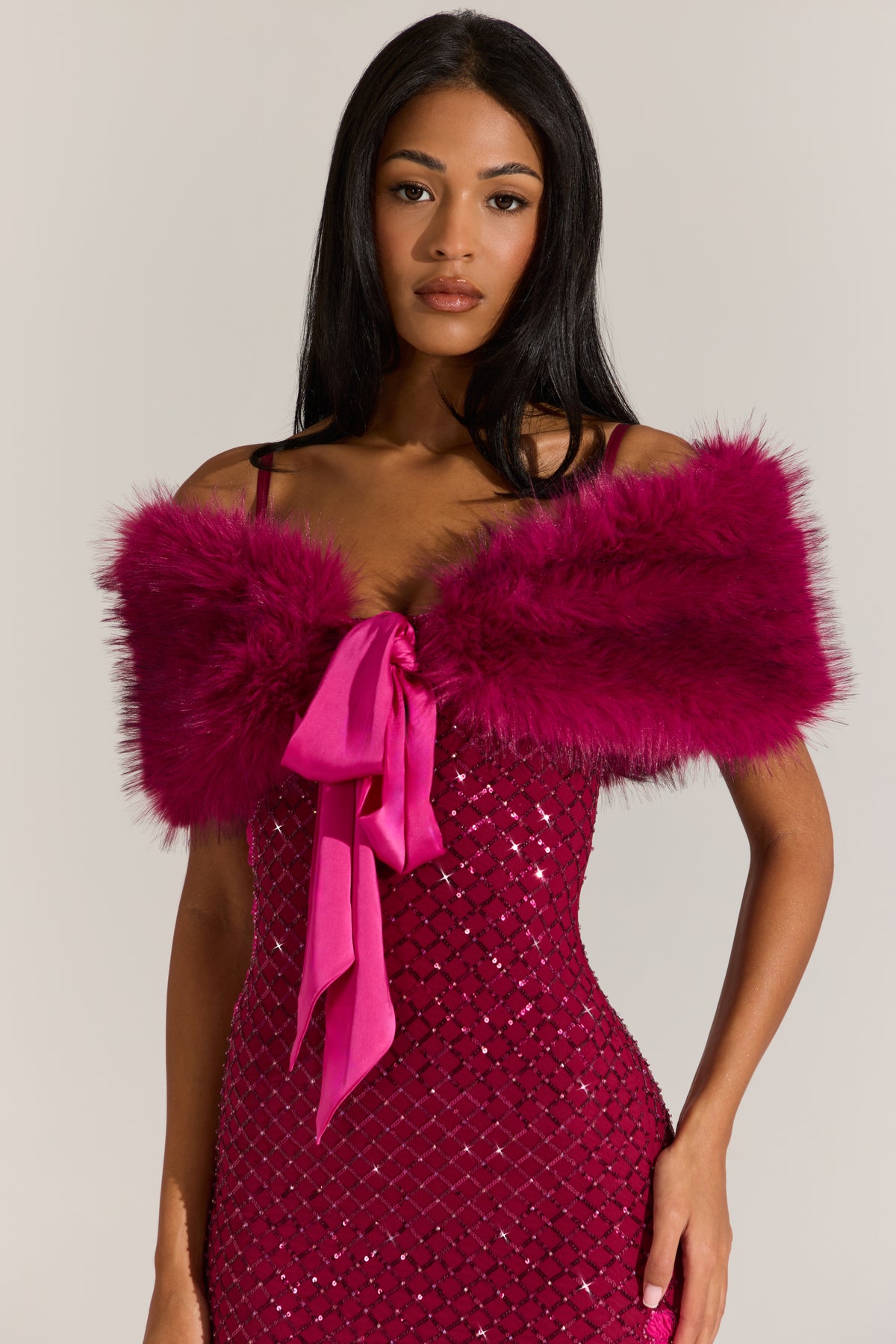 ⁣⁢Pelz-Stola mit Schleifenbindung in Fuchsia Pink⁤⁣ - 1