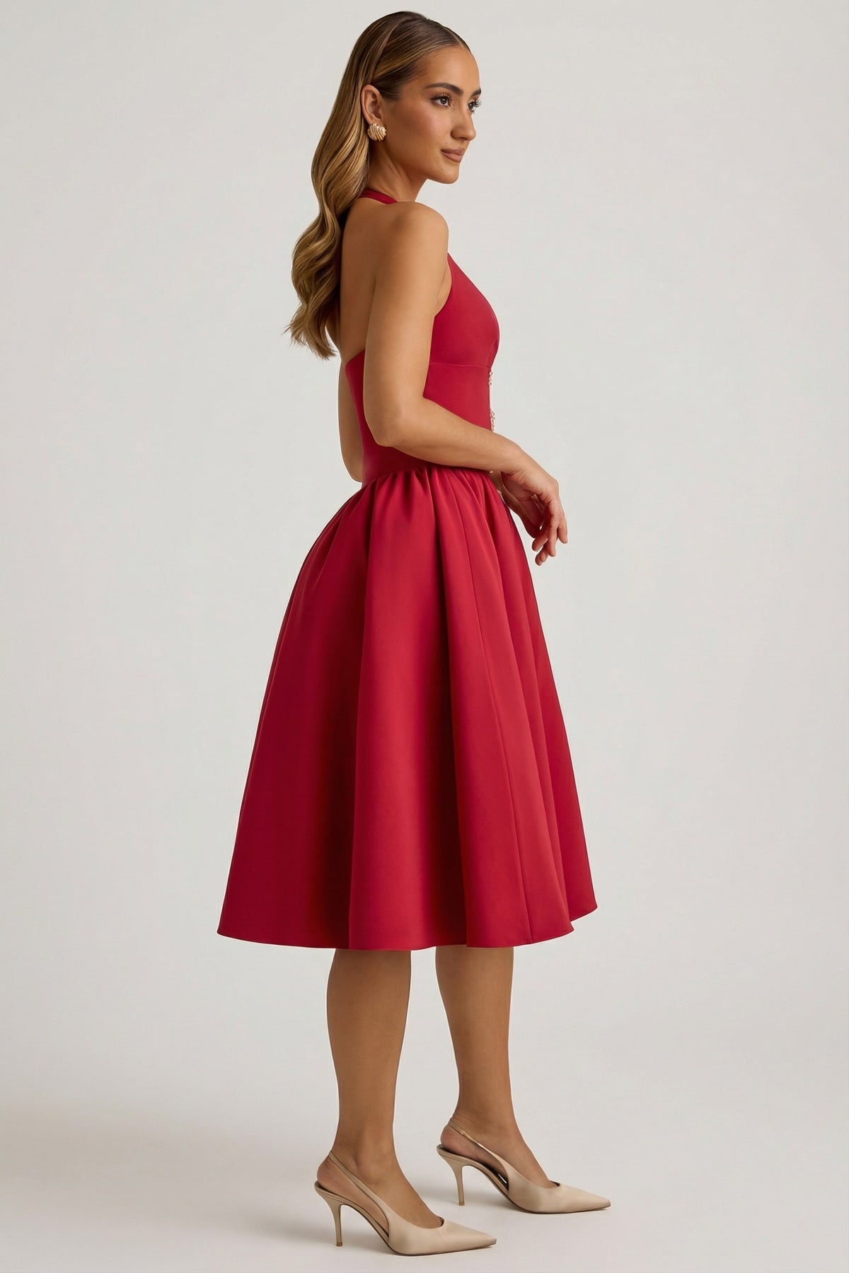 ⁣⁢Neckholder-Midikleid mit Schleifendetail in Rot⁤⁣