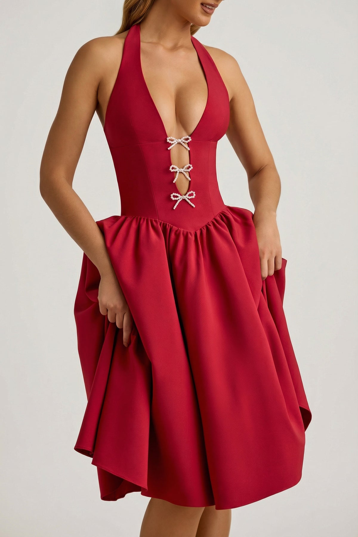 ⁣⁢Neckholder-Midikleid mit Schleifendetail in Rot⁤⁣