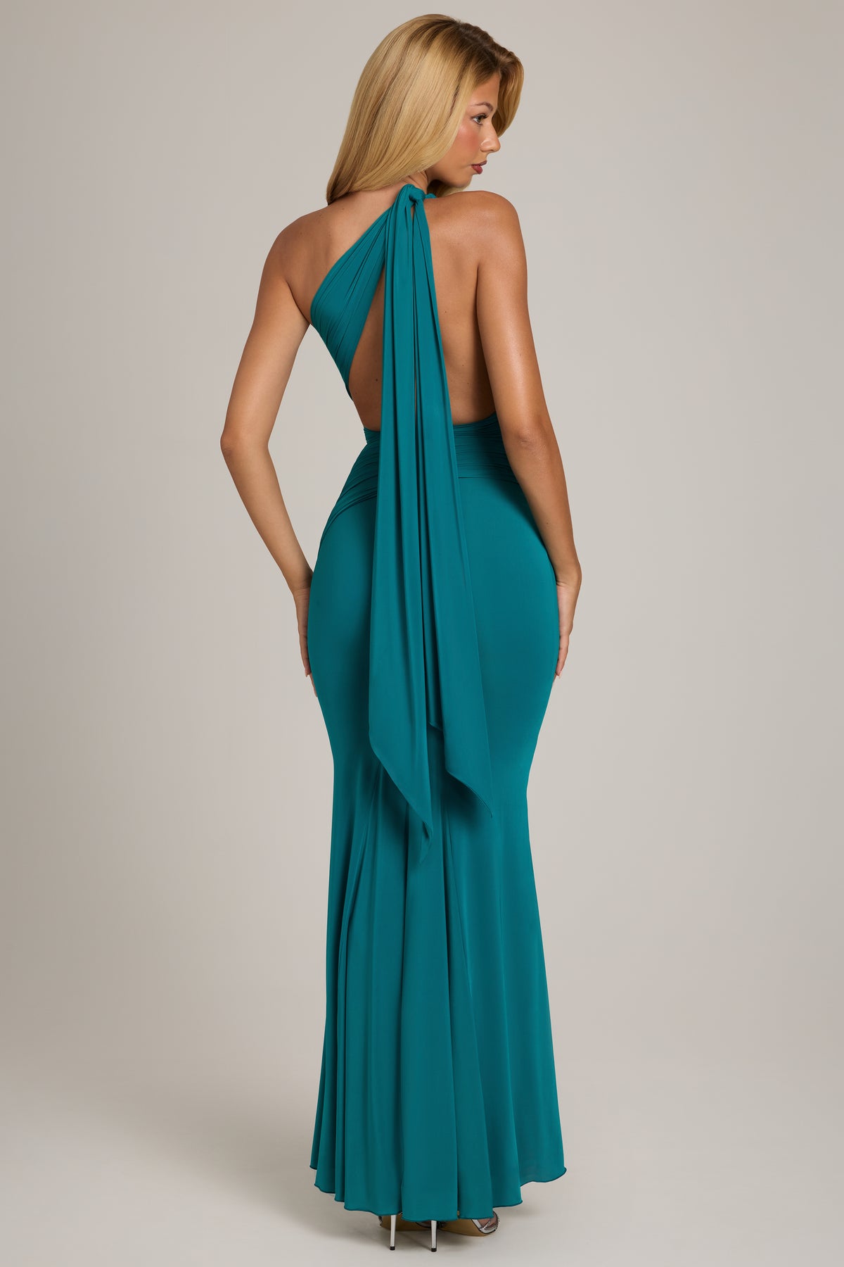⁣⁢Jersey One-Shoulder Maxikleid in Petrol⁤⁣