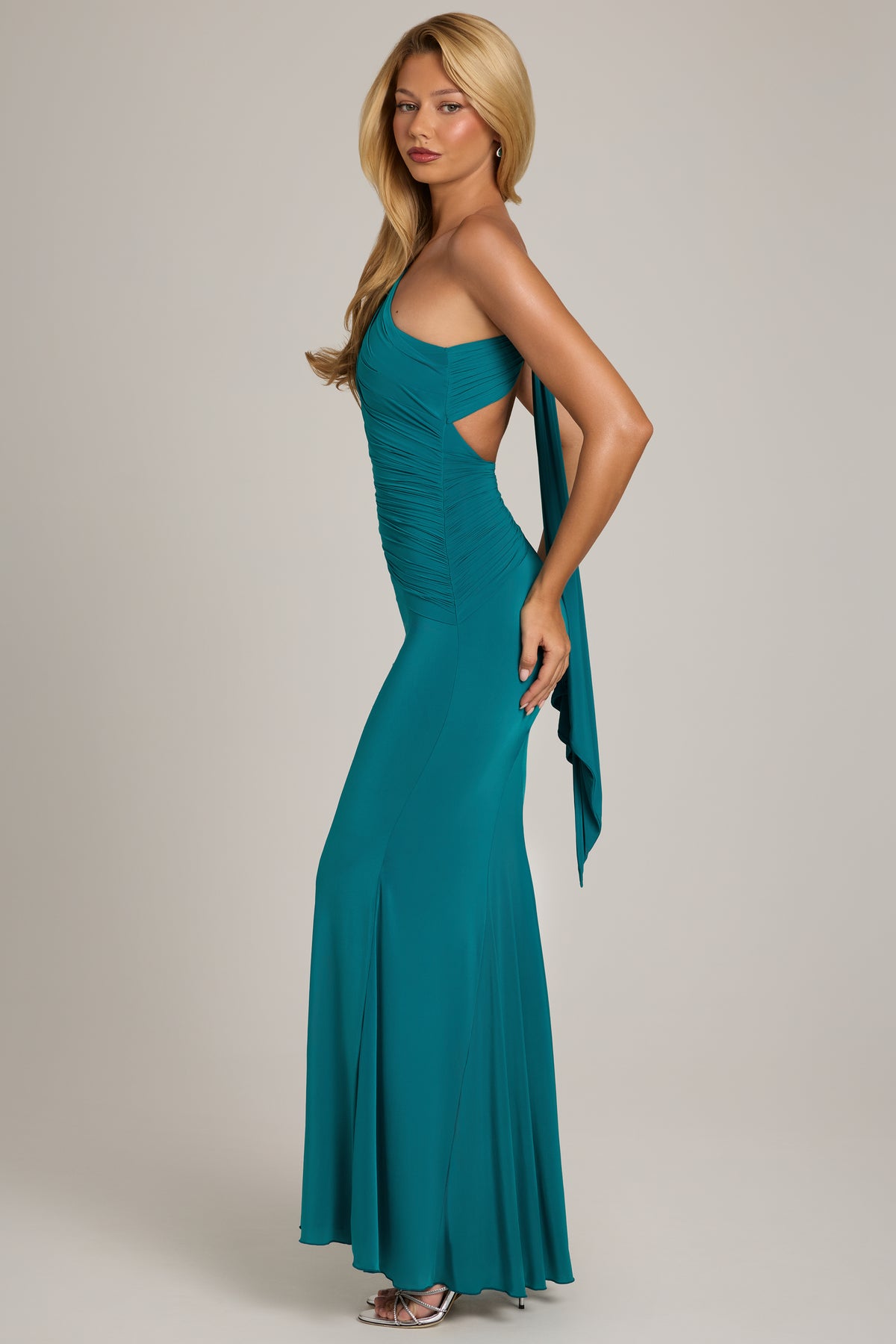 ⁣⁢Jersey One-Shoulder Maxikleid in Petrol⁤⁣