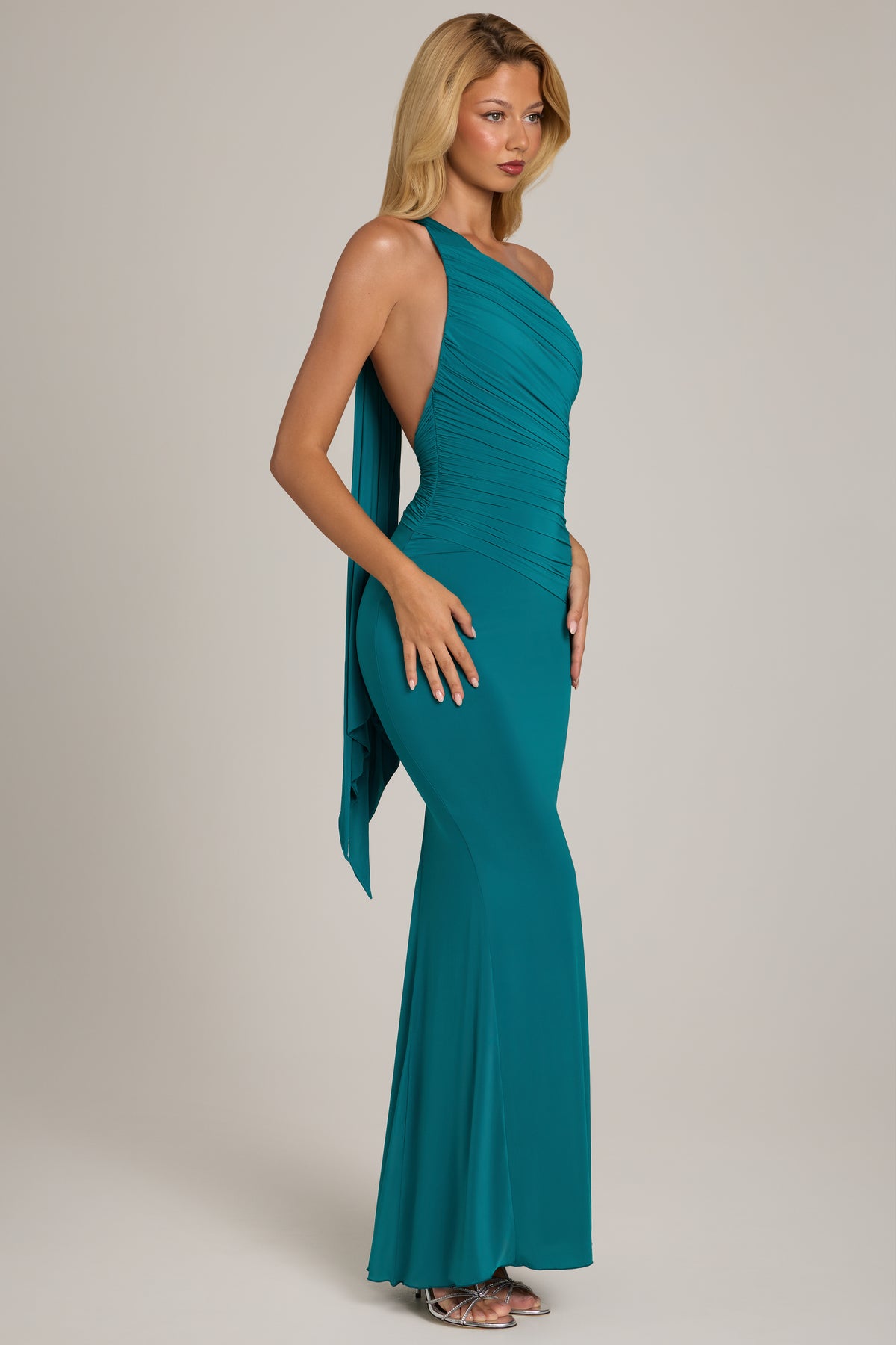 ⁣⁢Jersey One-Shoulder Maxikleid in Petrol⁤⁣