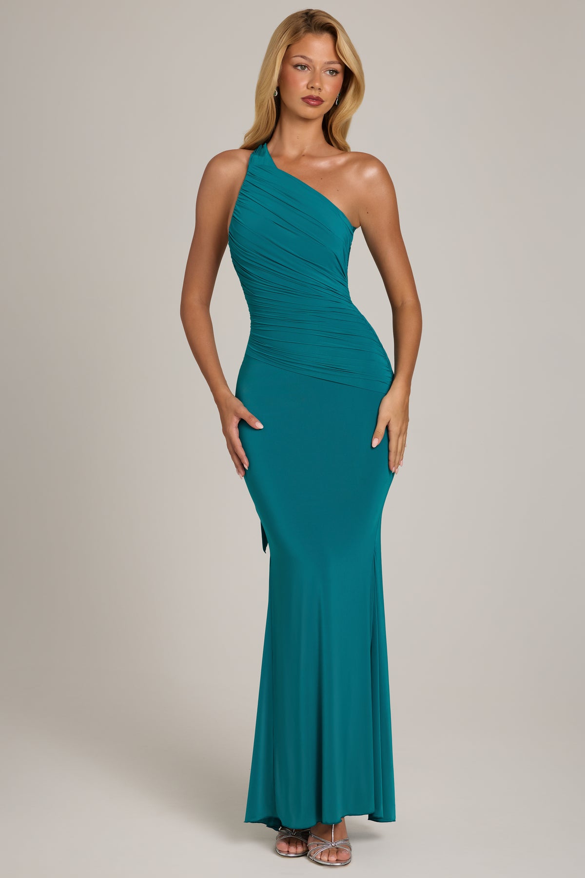 ⁣⁢Jersey One-Shoulder Maxikleid in Petrol⁤⁣
