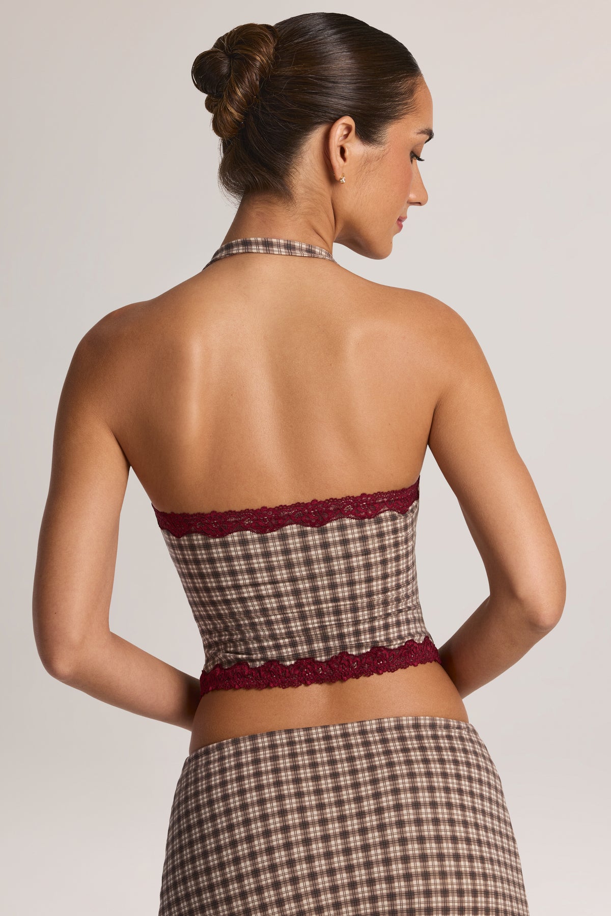 ⁣⁢Modal-Neckholder-Top mit Spitzenbesatz im Karomuster⁤⁣ - 2
