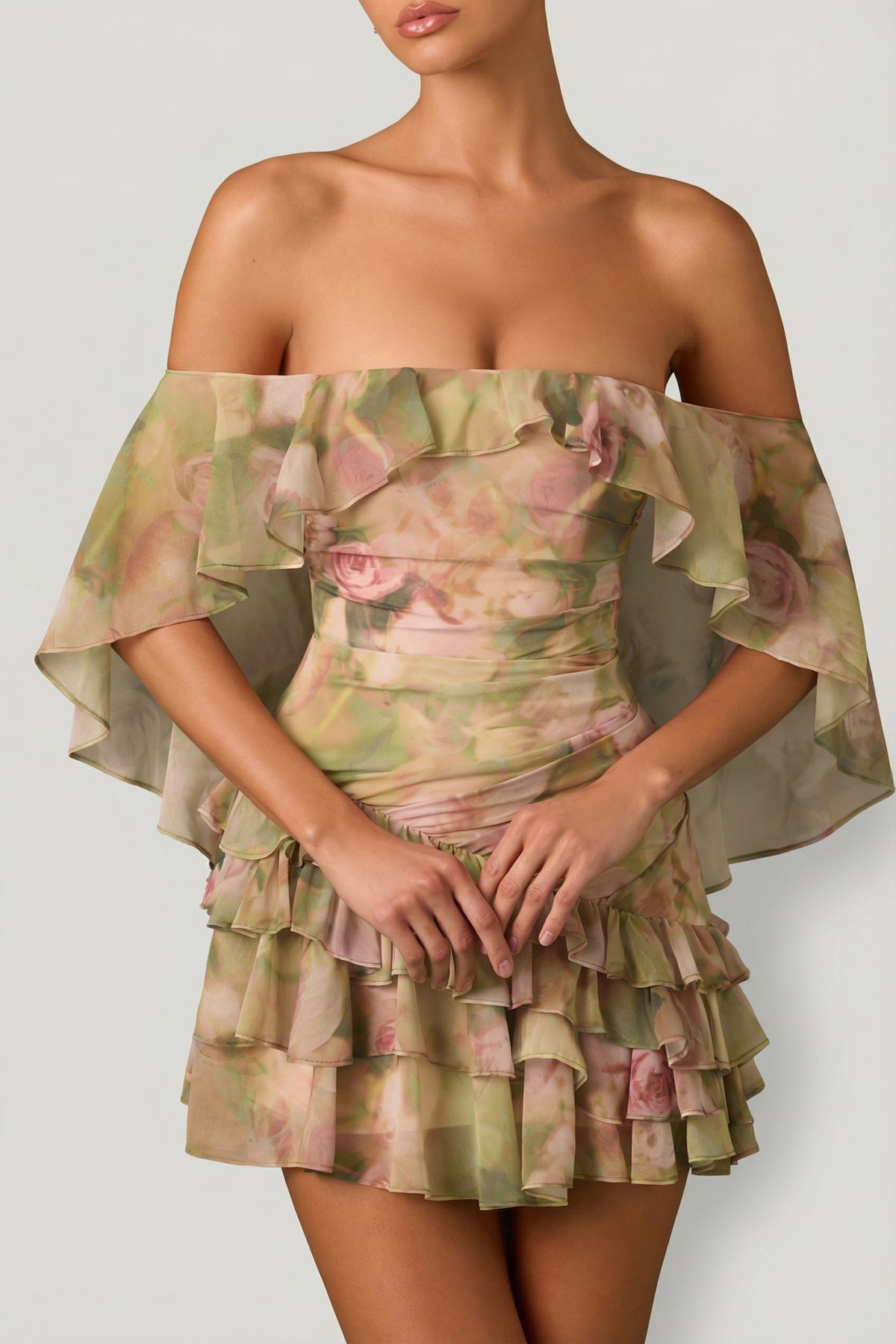 ⁣⁢Off-Shoulder-Minikleid mit Rüschen im bunten Blumenmuster⁤⁣