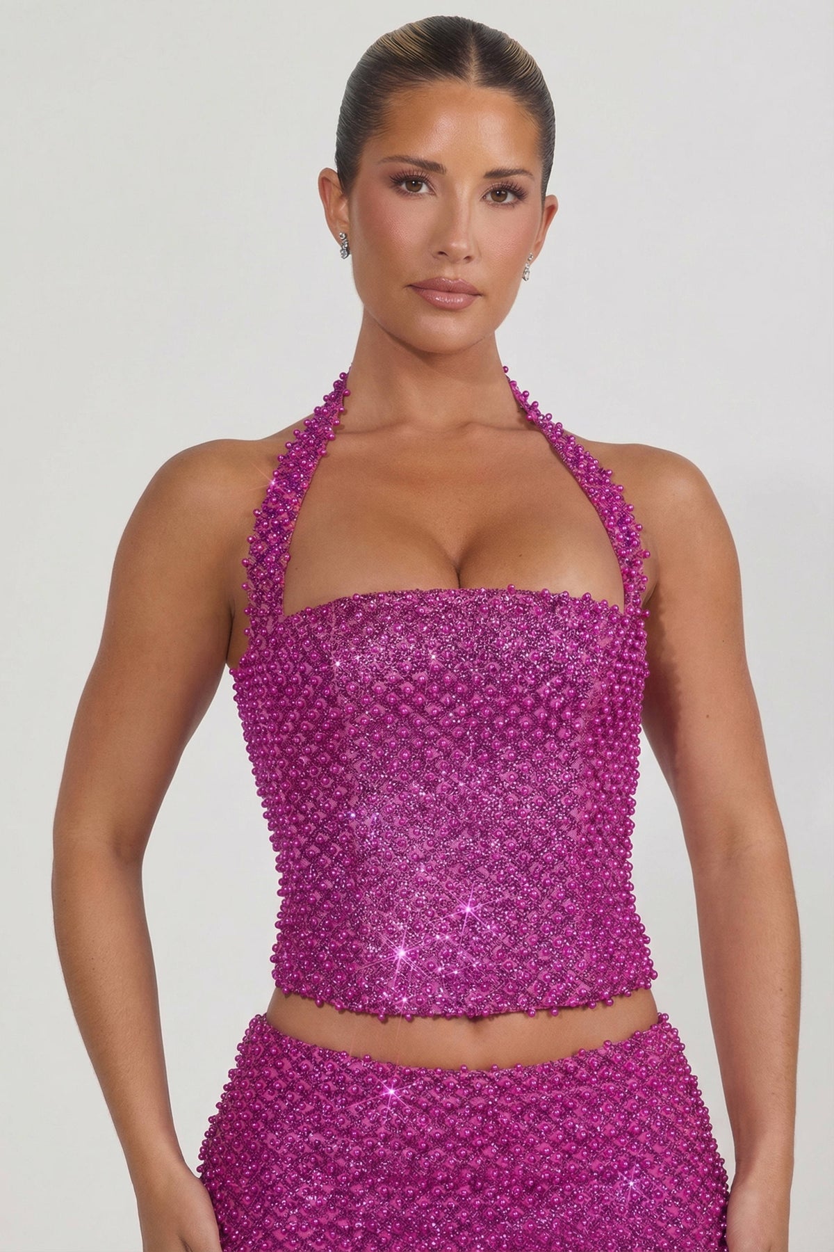 ⁣⁢Verziertes Neckholder-Korsett-Top in Magenta⁤⁣