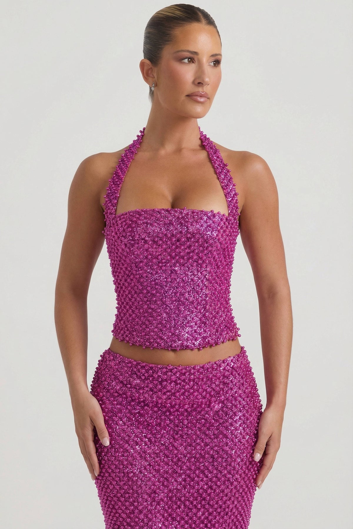 ⁣⁢Verziertes Neckholder-Korsett-Top in Magenta⁤⁣