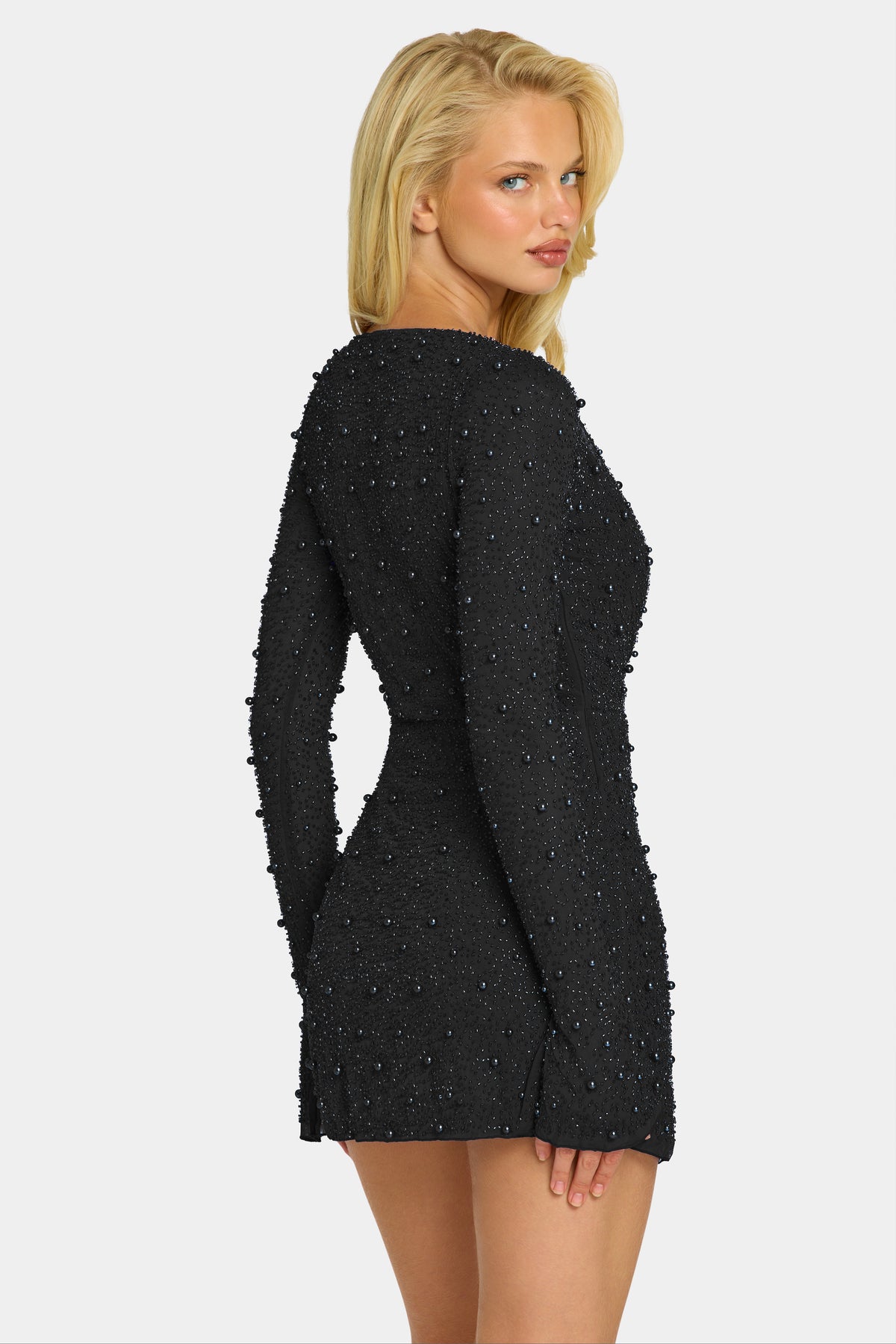 ⁣⁢Verziertes Wickel-A-Linien-Minikleid in Schwarz⁤⁣
