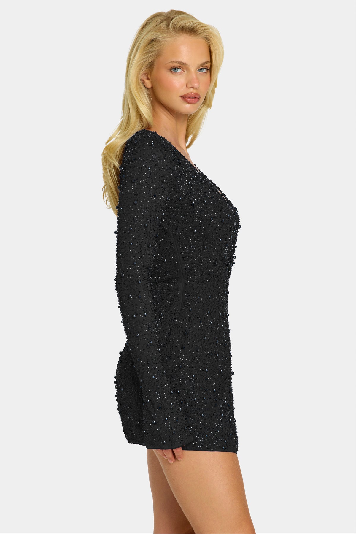 ⁣⁢Verziertes Wickel-A-Linien-Minikleid in Schwarz⁤⁣