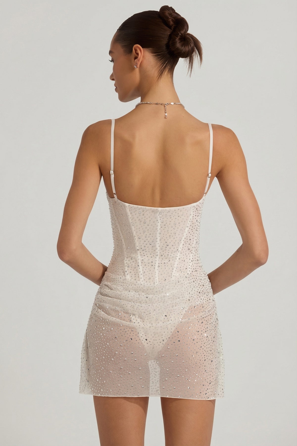 ⁣⁢Semi-Sheer Verziertes Drapiertes Korsett-Minikleid in Weiß⁤⁣ - 2
