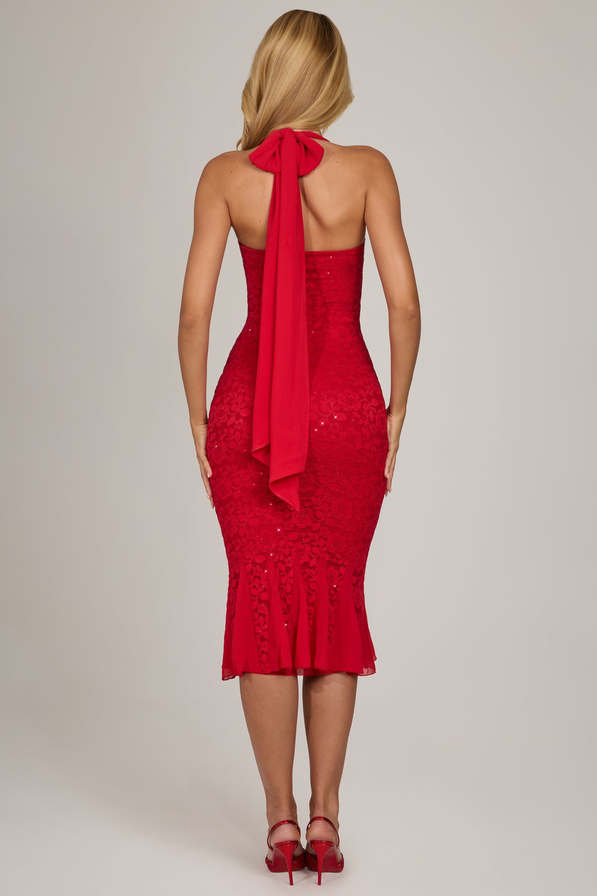 ⁣⁢Midaxikleid aus Pailletten-Spitze in Scharlachrot⁤⁣ - 2