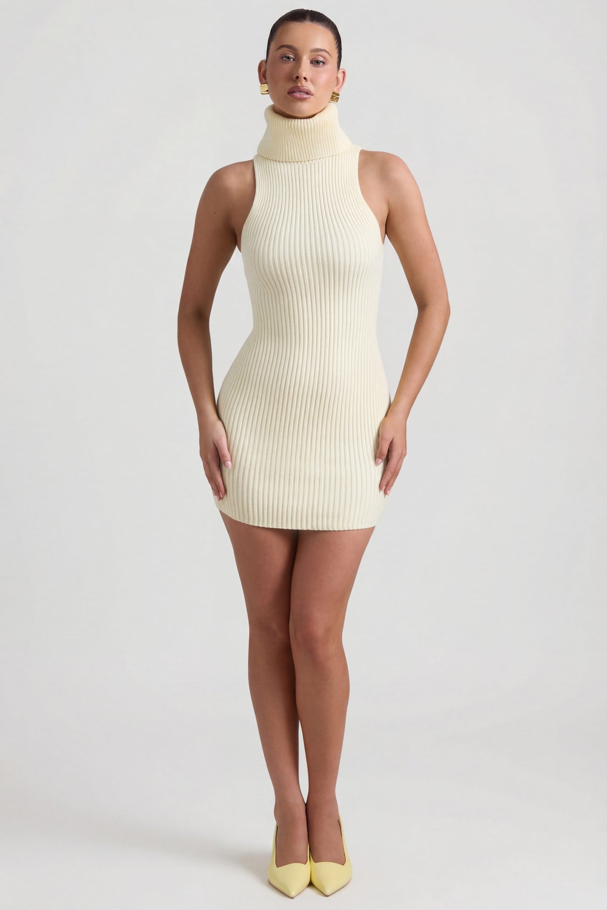 ⁣⁢Rippstrick-Rollkragen-Minikleid in Buttergelb⁤⁣ - 1