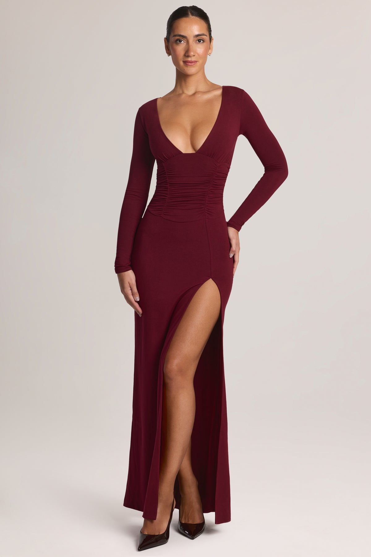 ⁣⁢Modal Maxikleid mit langen Ärmeln in Weinrot⁤⁣ - 1