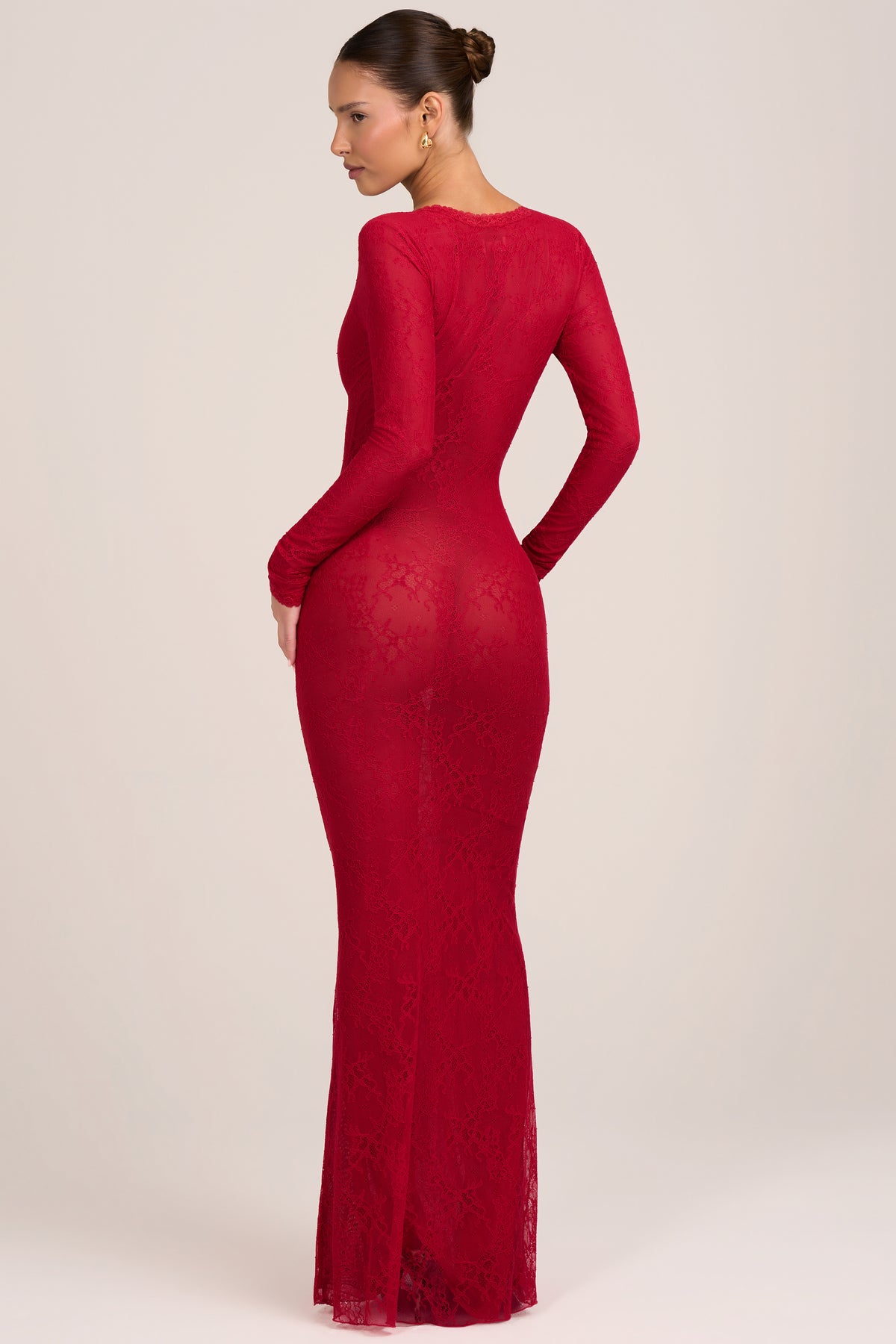 ⁣⁢Langes Spitzen-Maxikleid mit Ärmeln in Feuerrot⁤⁣ - 2
