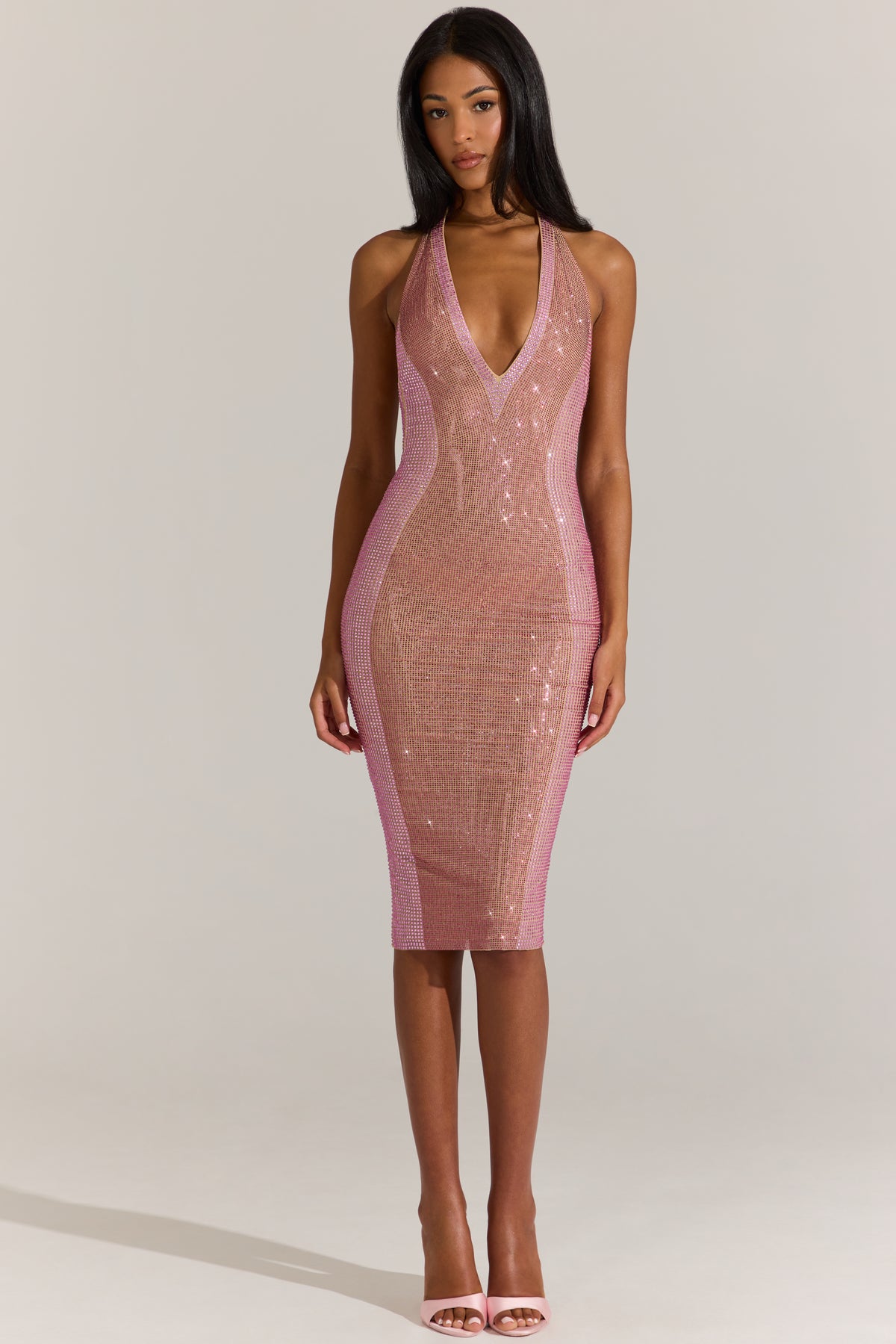 ⁣⁢Verziertes Midikleid mit tiefem Neckholder-Ausschnitt in Blossom Pink⁤⁣