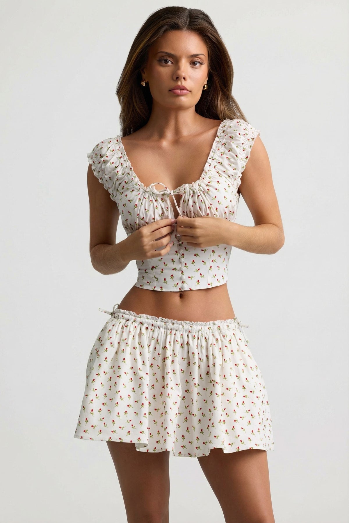 ⁣⁢Gerüschtes Korsett-Top aus Baumwoll-Popeline mit Rosenprint⁤⁣