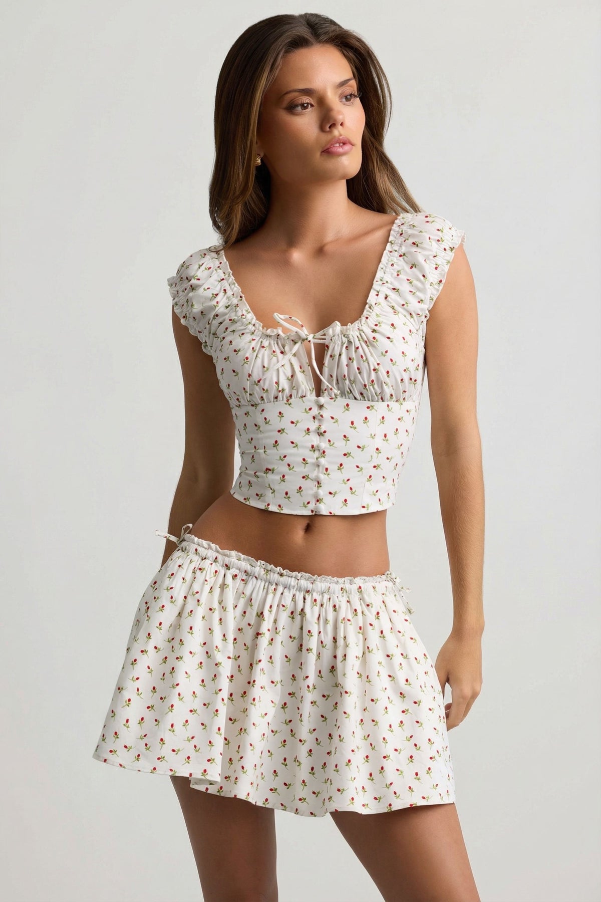 ⁣⁢Gerüschtes Korsett-Top aus Baumwoll-Popeline mit Rosenprint⁤⁣