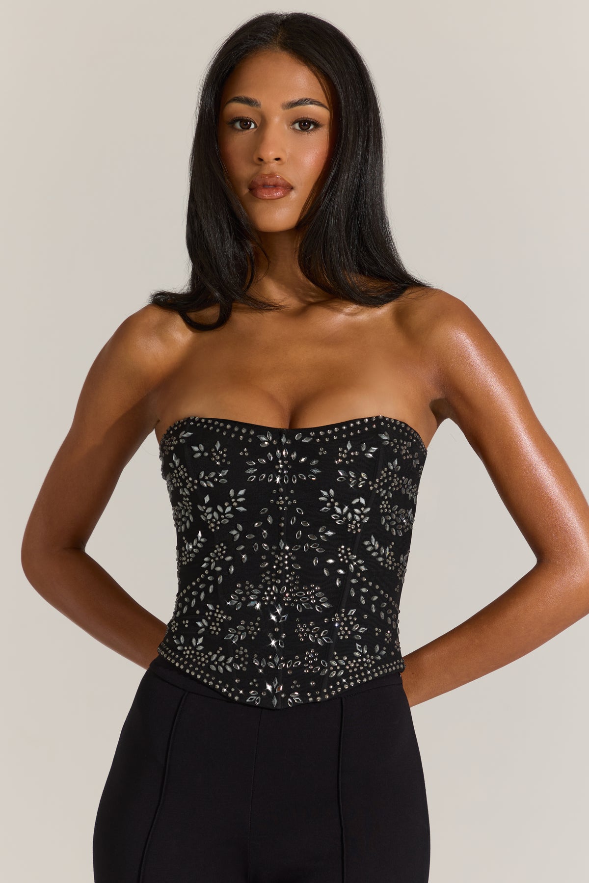 ⁣⁢Verziertes Korsett-Top in Schwarz⁤⁣