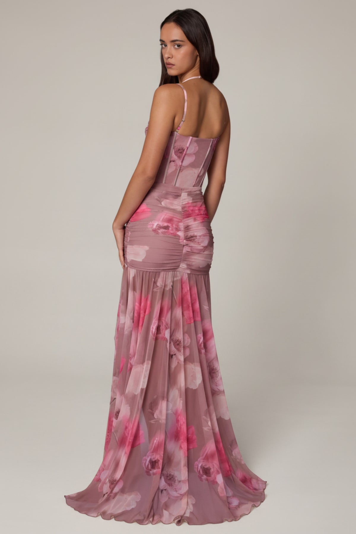 ⁣⁢Asymmetrisches Korsett-Abendkleid mit Raffung in Blurred Floral⁤⁣ - 2