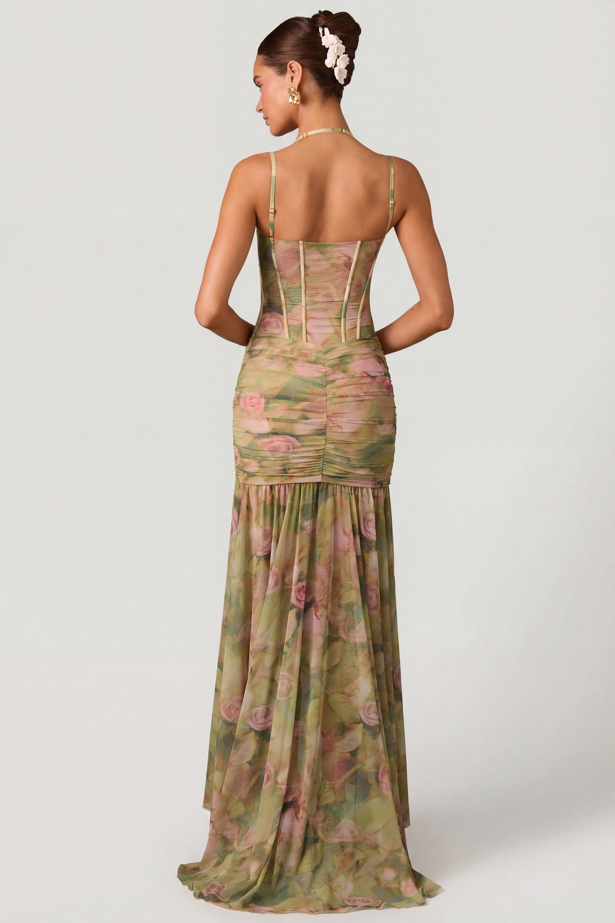 ⁣⁢Gerüschtes asymmetrisches Korsett-Abendkleid im floralen Mehrfarben-Print⁤⁣