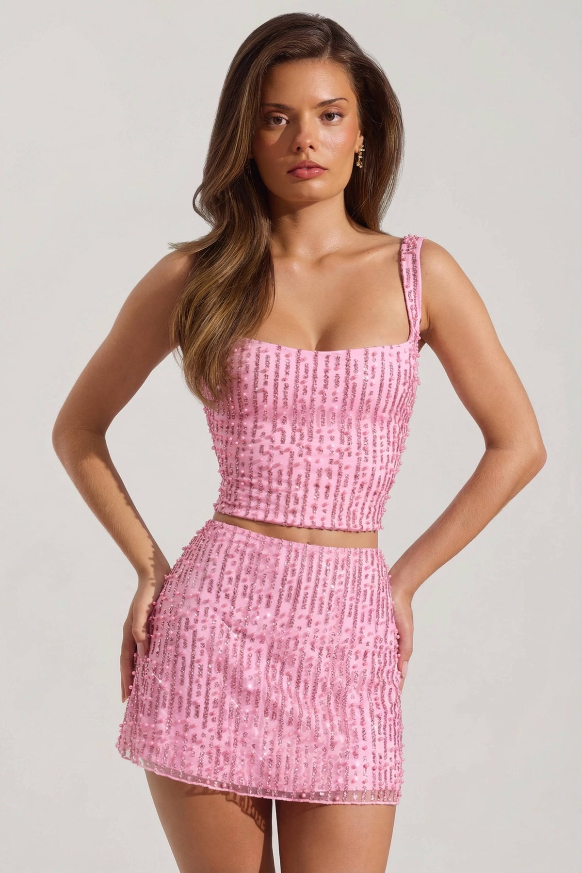 ⁣⁢Verzierter Low-Waist-Minirock in Pink⁤⁣