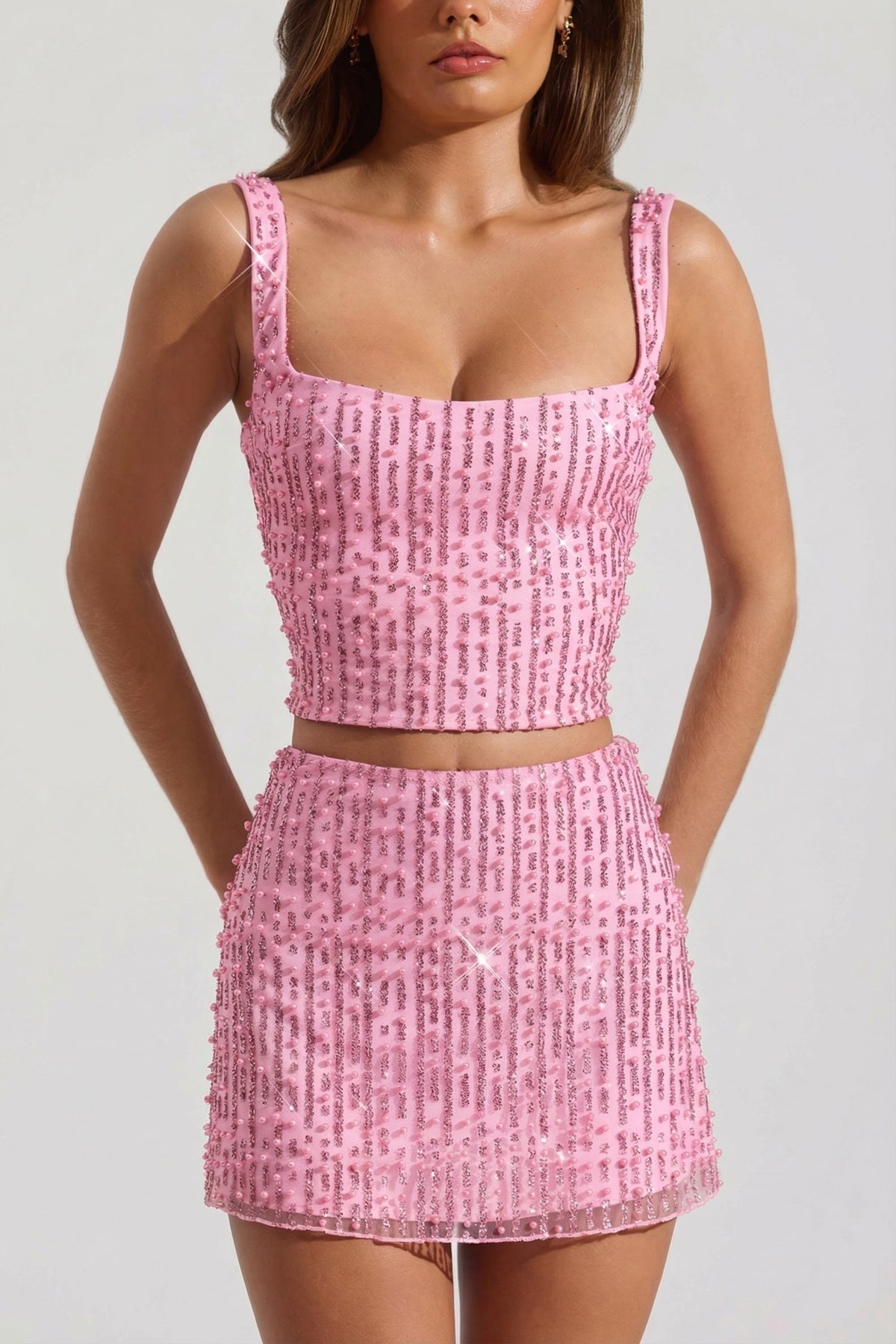 ⁣⁢Verzierter Low-Waist-Minirock in Pink⁤⁣