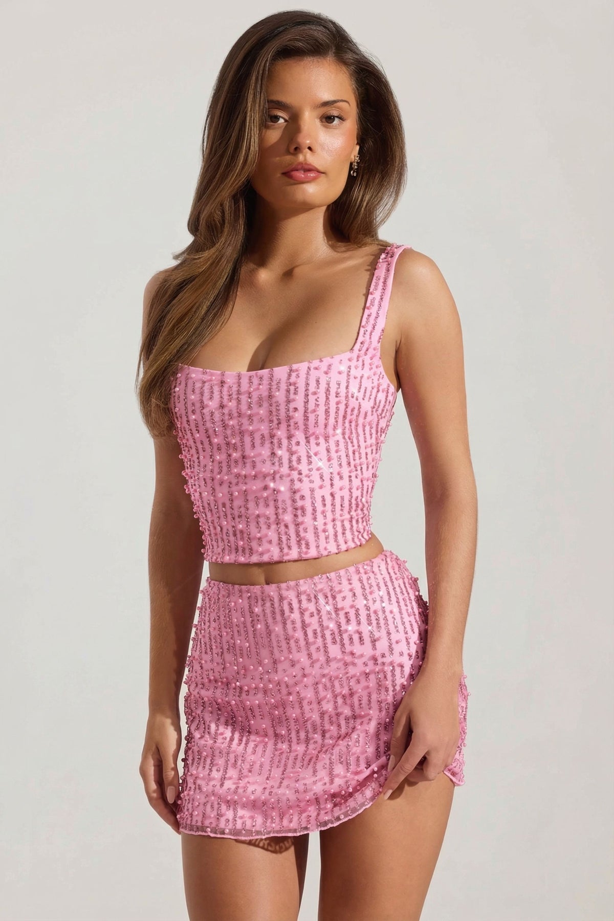 ⁣⁢Verzierter Low-Waist-Minirock in Pink⁤⁣