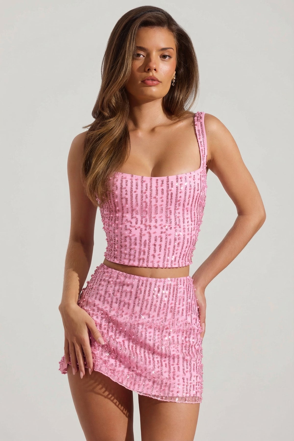 ⁣⁢Verzierter Low-Waist-Minirock in Pink⁤⁣