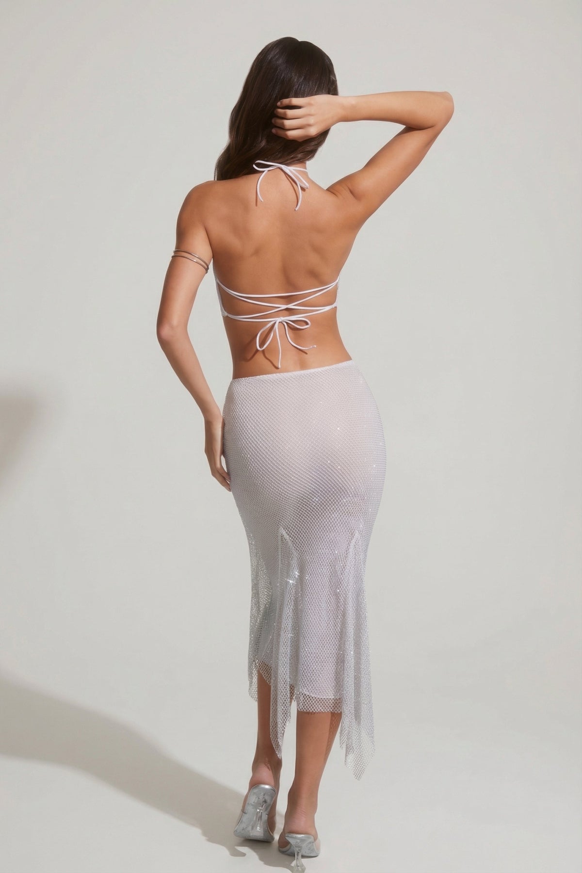 ⁣⁢Verzierter Midaxi-Rock mit Handtuchsaum in Silber⁤⁣
