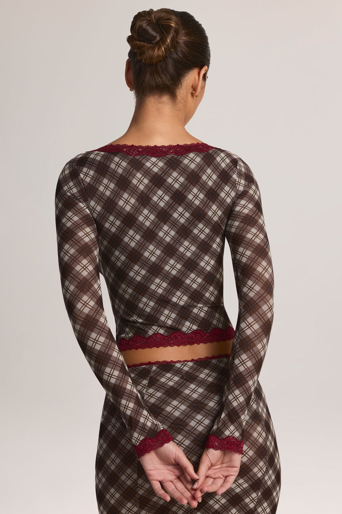 ⁣⁢Gekürzter Cardigan mit Spitzenbesatz im Diagonal-Karomuster⁤⁣ - 2