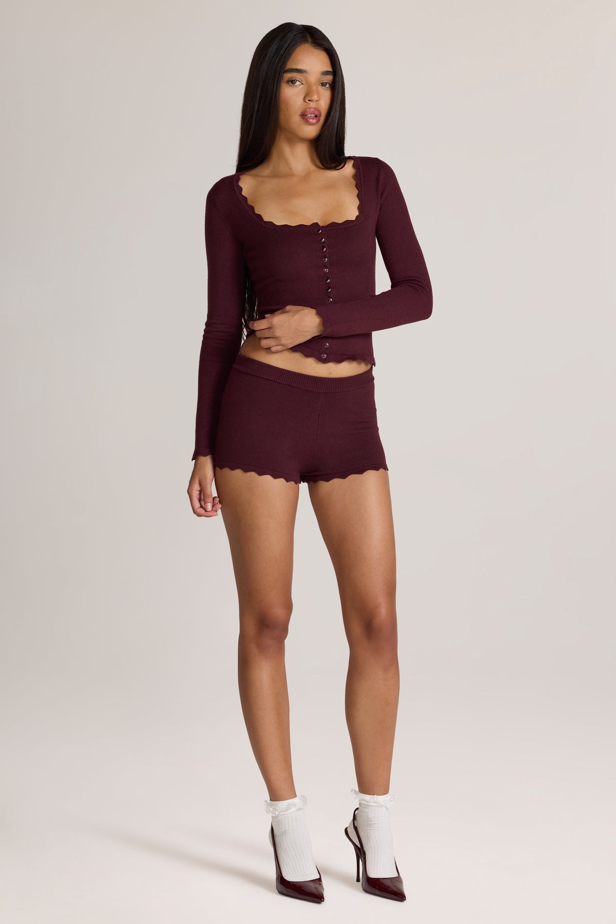 ⁣⁢Strick Mid-Rise Minishorts in Cocoa Brown⁤⁣ - 1