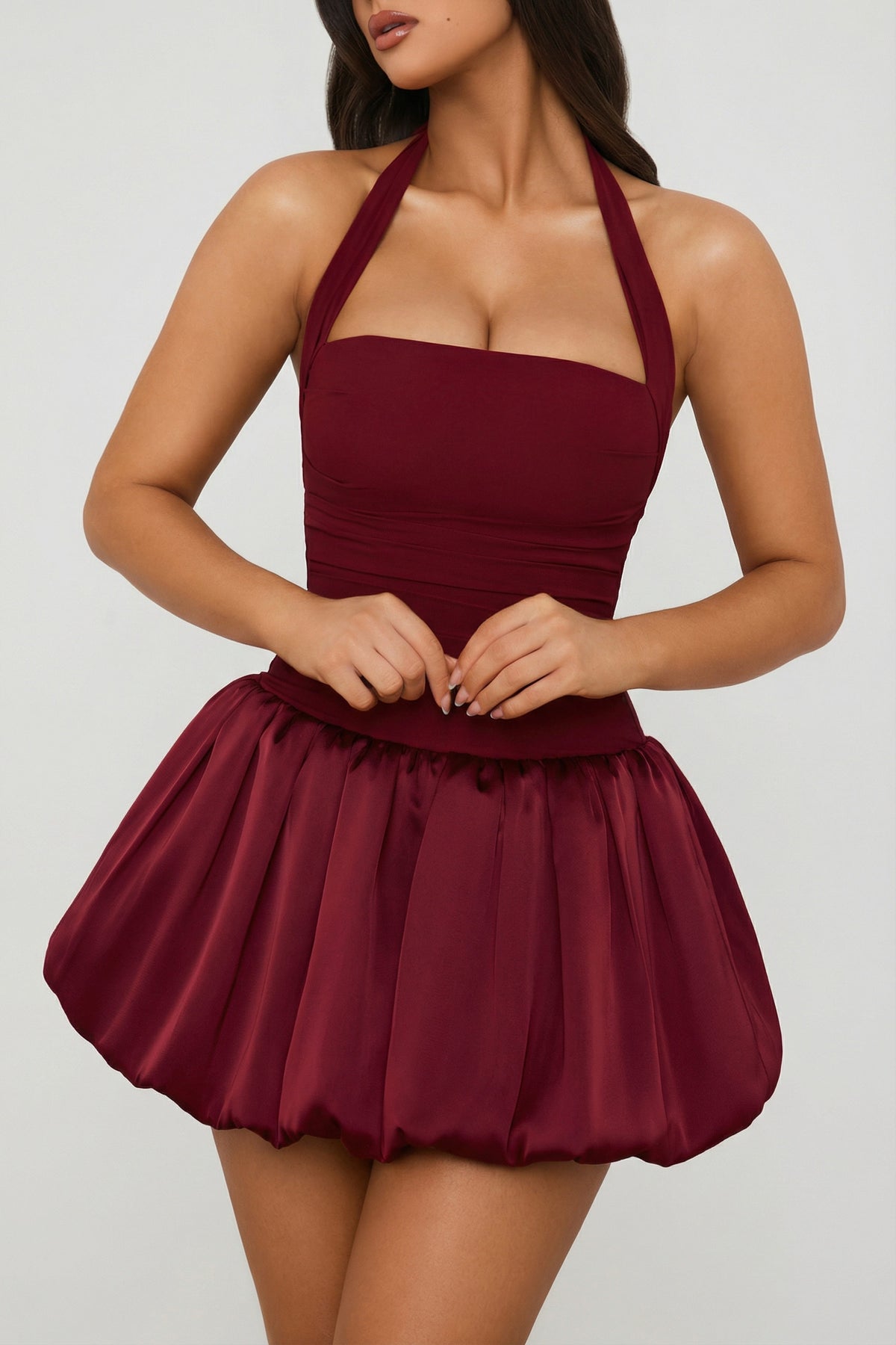 ⁣⁢Neckholder-Korsett-Minikleid mit Ballonsaum und Schnürung in Beerenrot⁤⁣