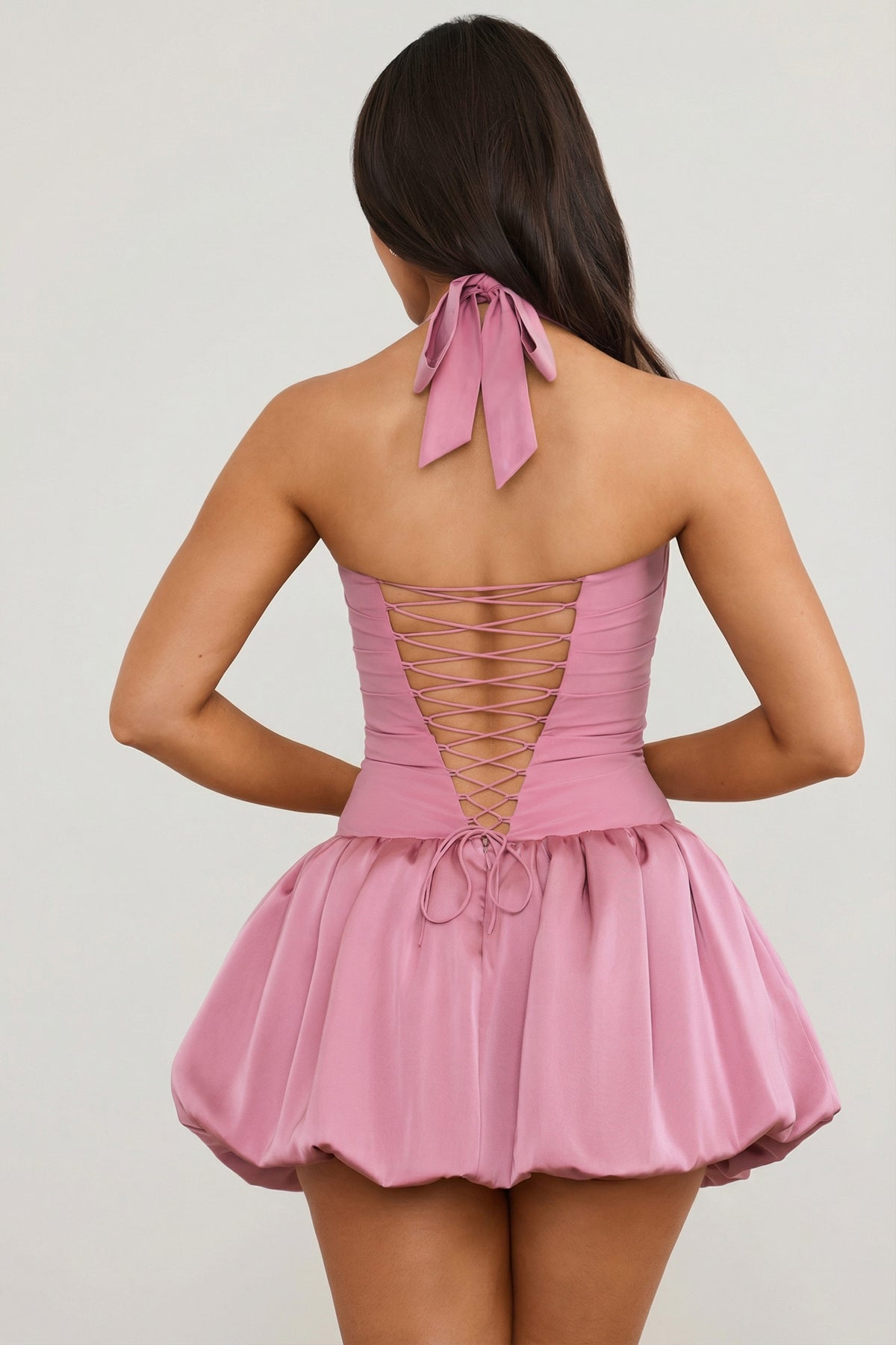 ⁣⁢Halterneck-Korsett-Minikleid mit Schnürung und Ballon-Saum in Mauve⁤⁣ - 2