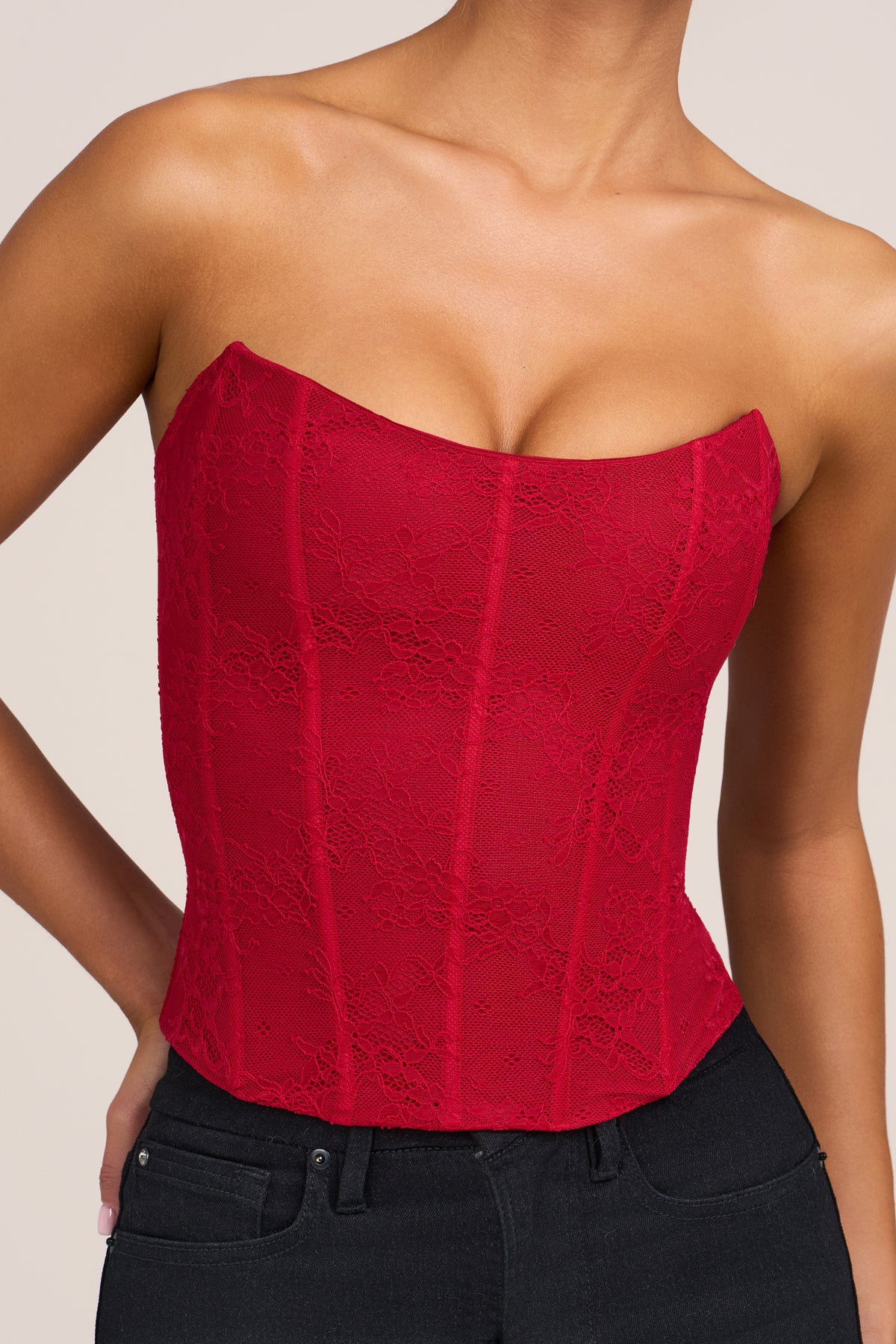 ⁣⁢Korsett-Top aus Spitze in Fire Red⁤⁣ - 1