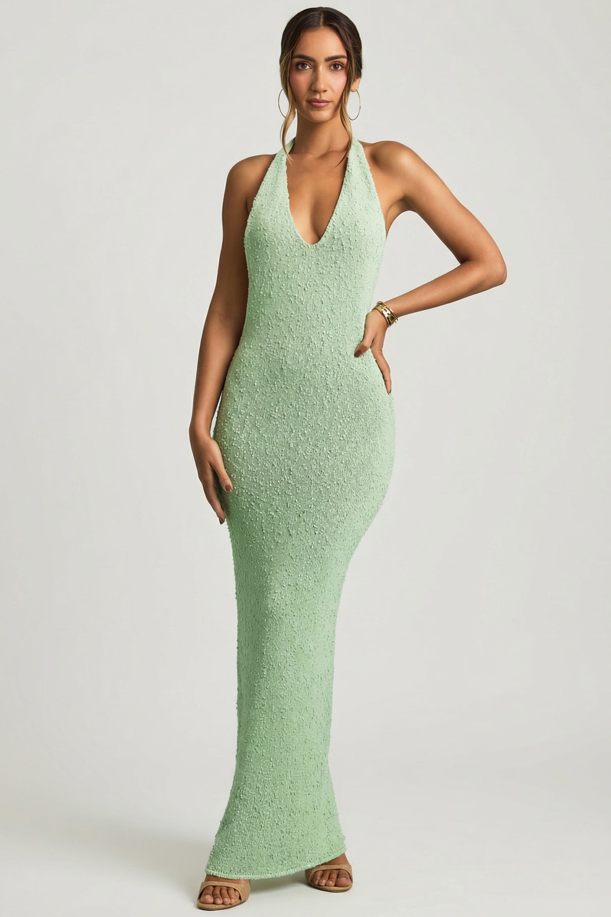 ⁣⁢Bouclé-Neckholder-Maxikleid in Mint⁤⁣