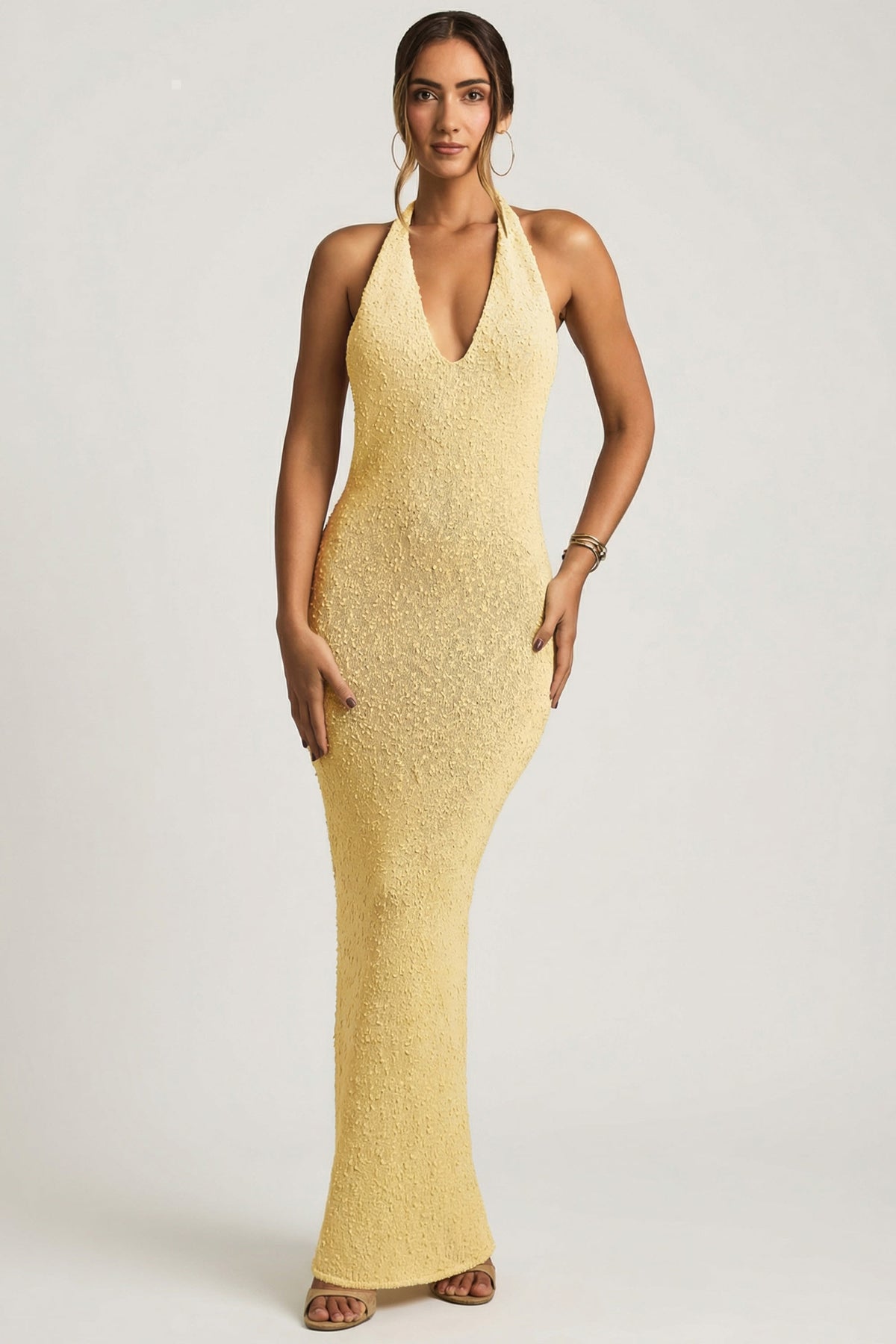 ⁣⁢Bouclé-Neckholder-Maxikleid in Gelb⁤⁣